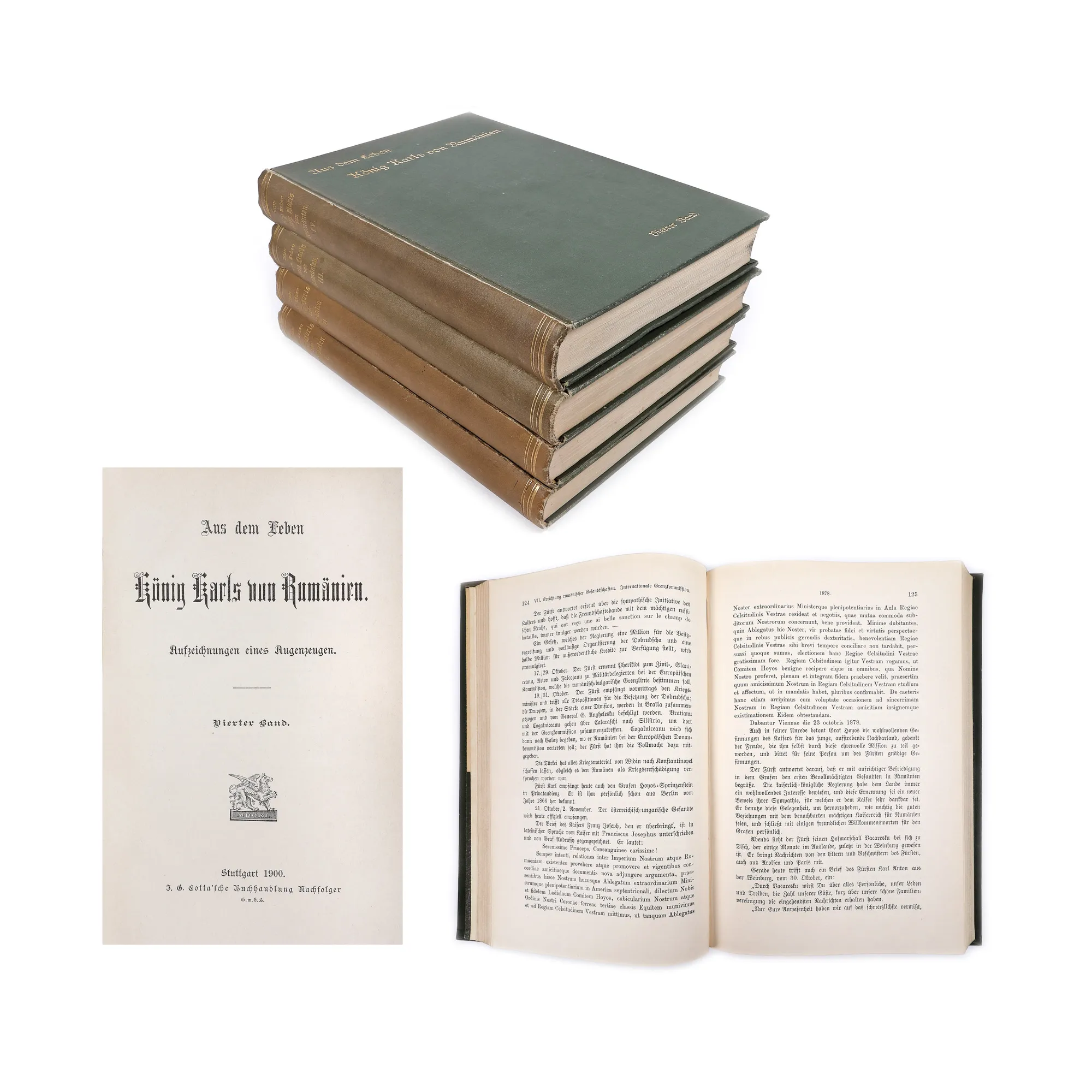 "From the Life of King Carol I of Romania", German edition, four volumes, Stuttgart, 1897, containing the ex-libris of a noble German family, with the motto "Live and forgive"