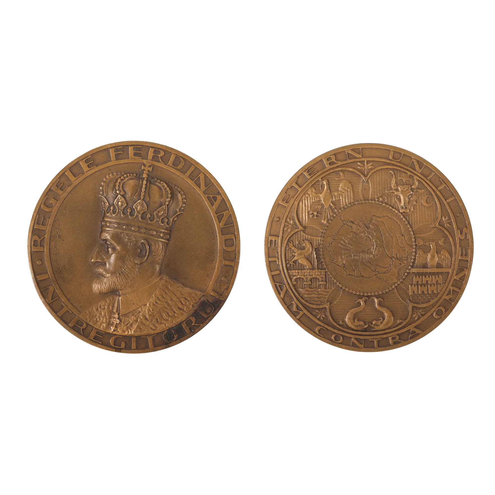 Medal "Regele Ferdinand I - Întregitorul" ("King Ferdinand I - the Unifier"), engravers Constantin Baraschi and Anastase Demian, 1929