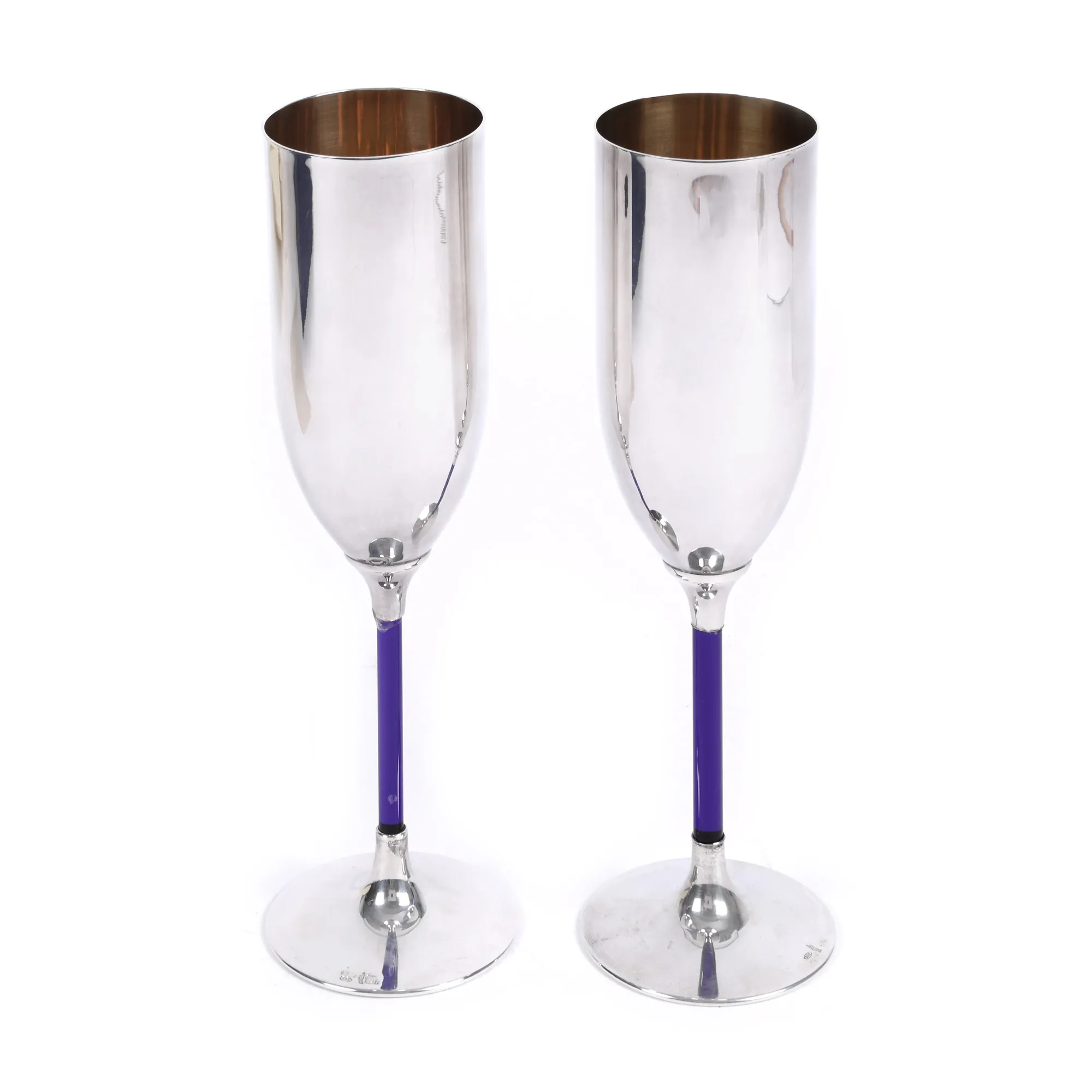 Pair of silver champagne glasses, with foot adorned with cobalt blue glass, master Masino Carlo
