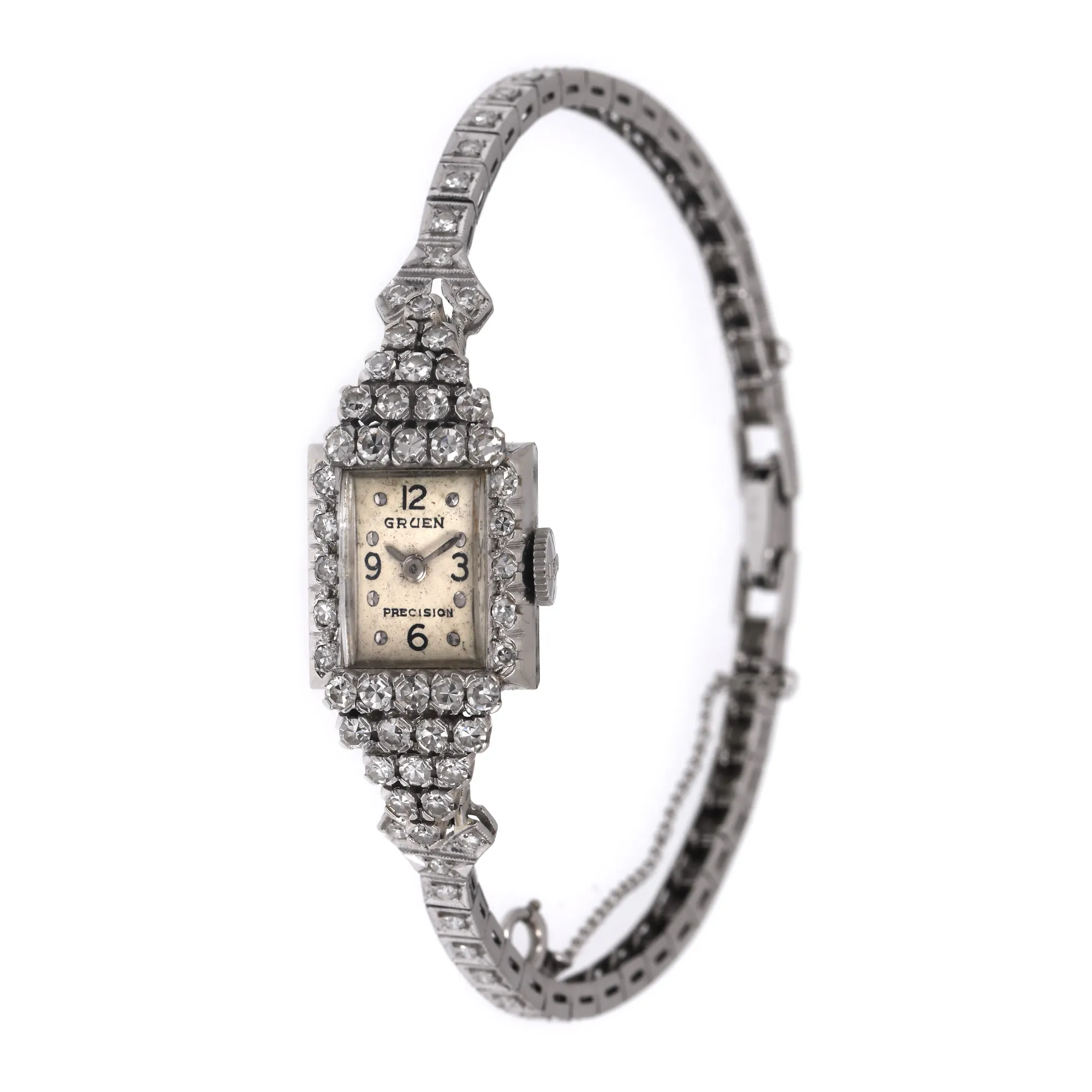 Gruen Precision wristwatch, Art Deco manner, white gold and platinum, decorated with diamonds, women, approx. 1920-1930