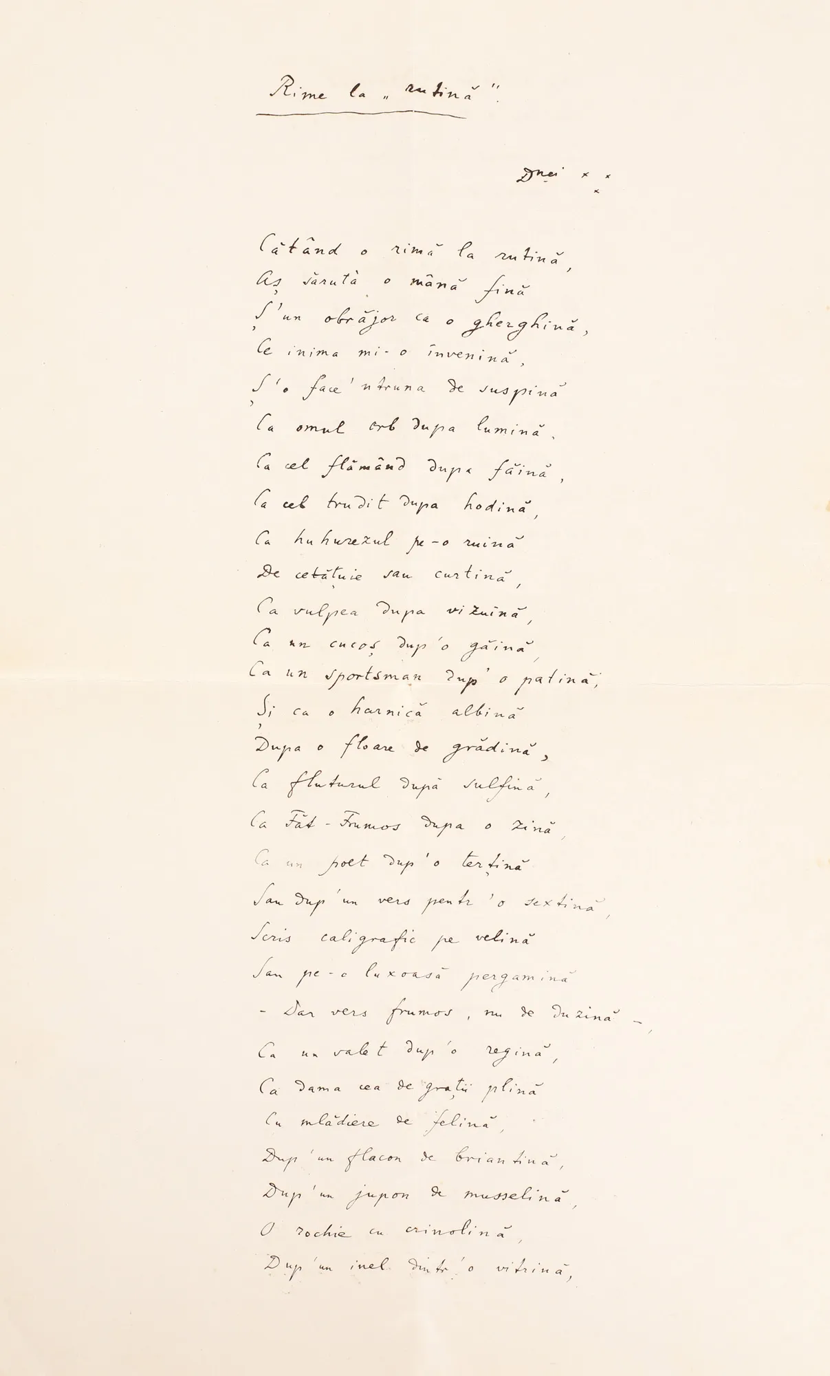 Manuscript of the poem "Rime la rutină" ("Routine rhymes"), by T.A. Naum, Member of the Junimea Literary Society (2 pages)
