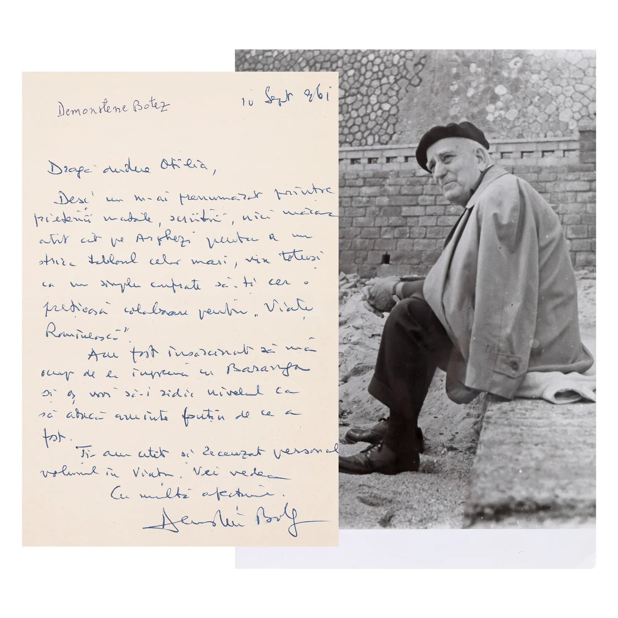Batch consisting of a photo illustrating Demostene Botez and letter sent by Demostene Botez to Otilia Cazimir, asking her about a collaboration for the magazine 'Viața Romîneasca'’ ("Romanian life"), September 10th, 1961, with handwritten signature