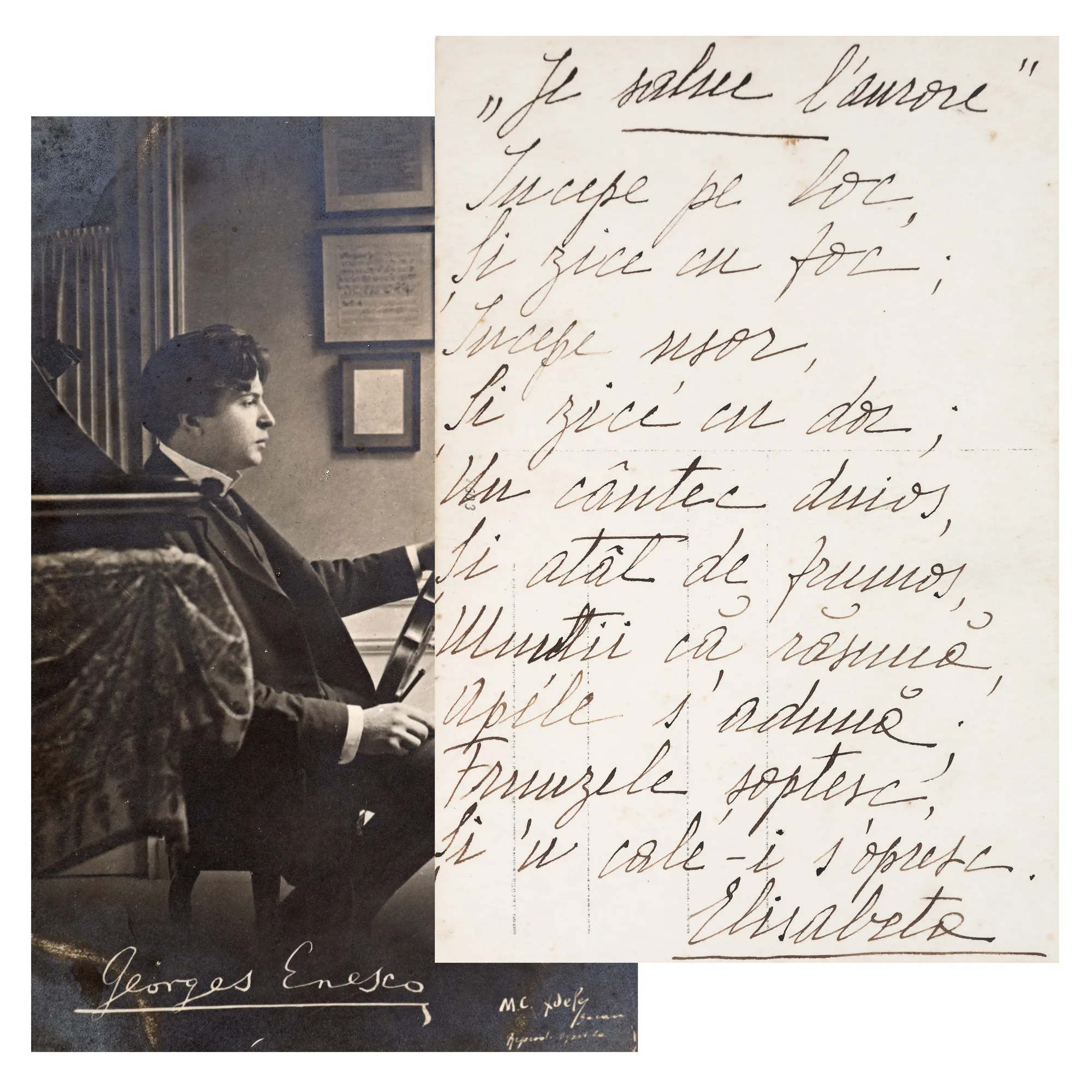 Fotografie ilustrându-l pe George Enescu, cu o poezie manuscrisă pe verso de Regina Elisabeta și semnătura olografă a acesteia, piesă rară, de colecție