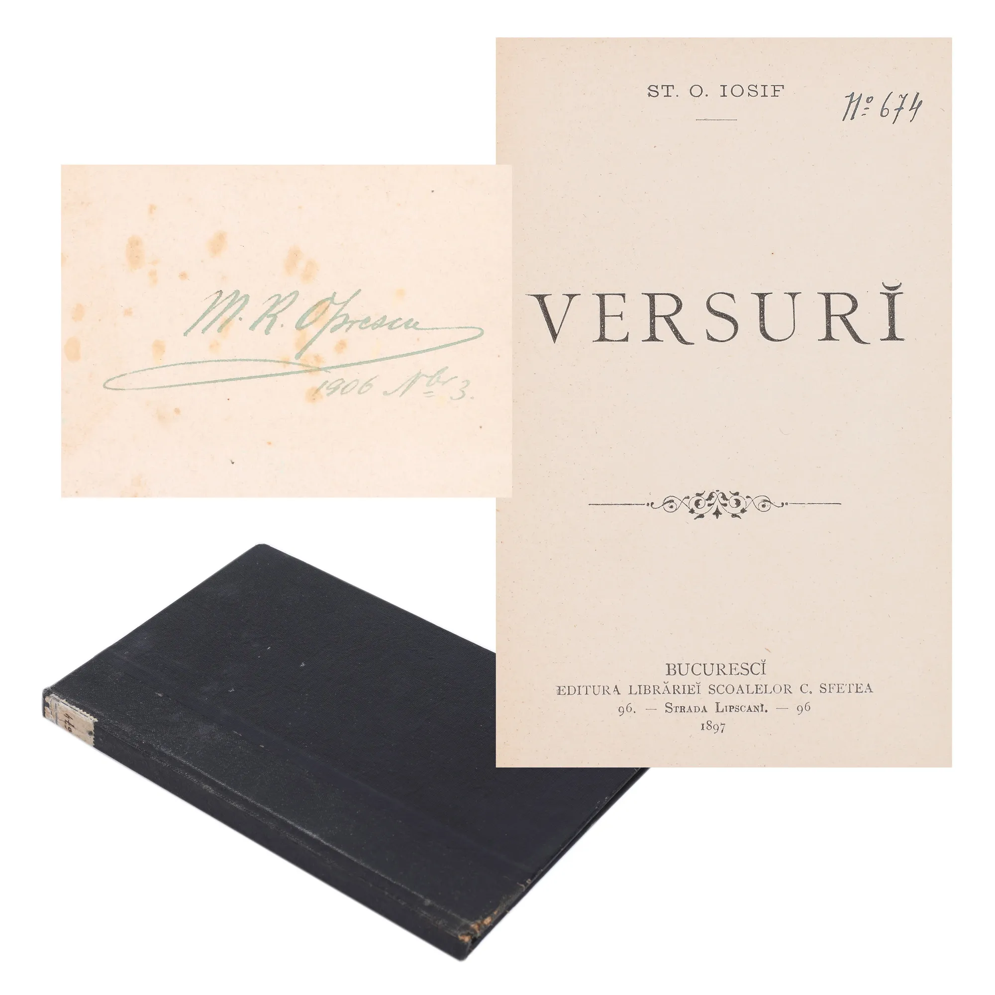 ”Versuri”, de Ștefan Octavian Iosif, ediție princeps, București, 1897, cu ex-libris
