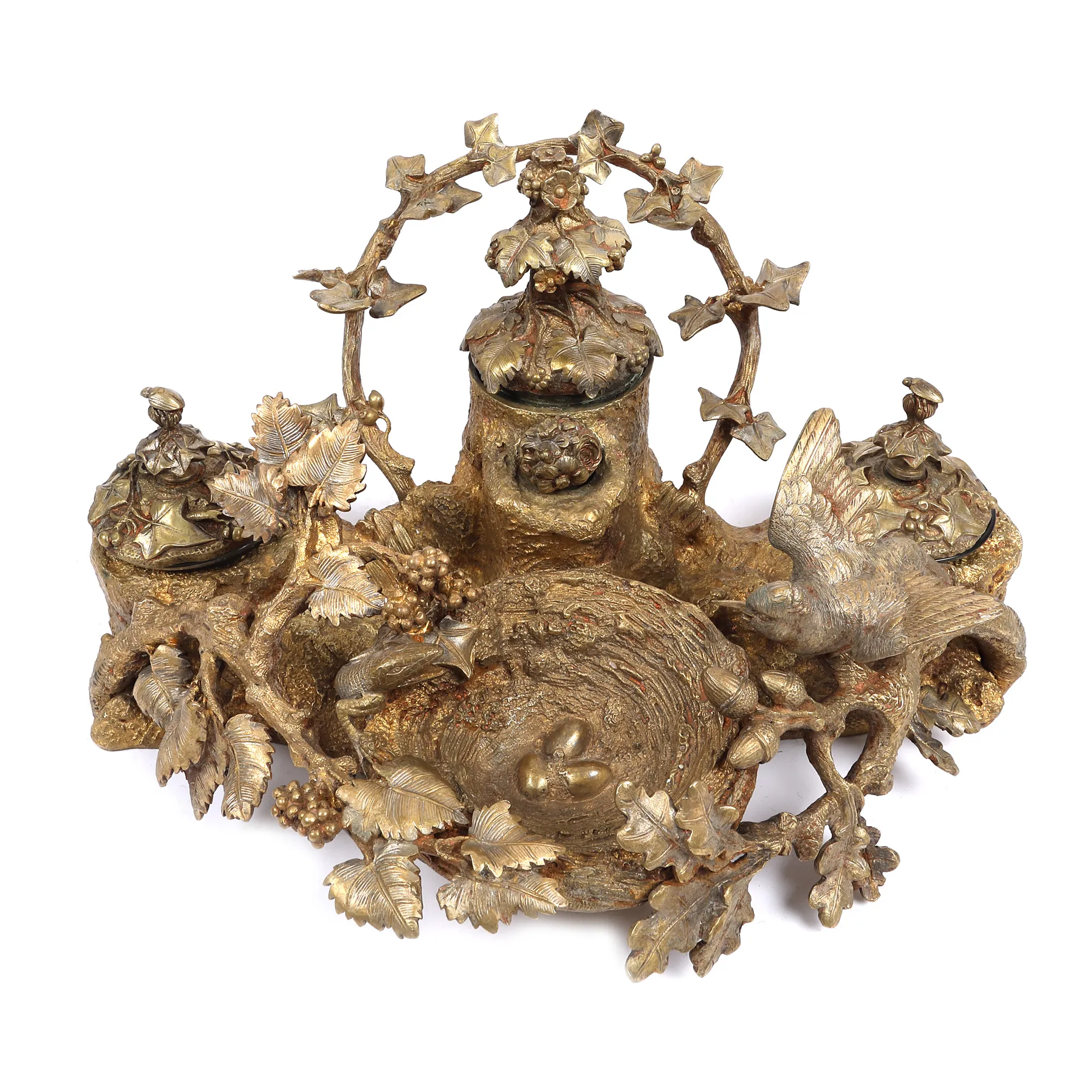 Bronze inkwell, decorated with the image of a swallow defending its nest, 19th Century