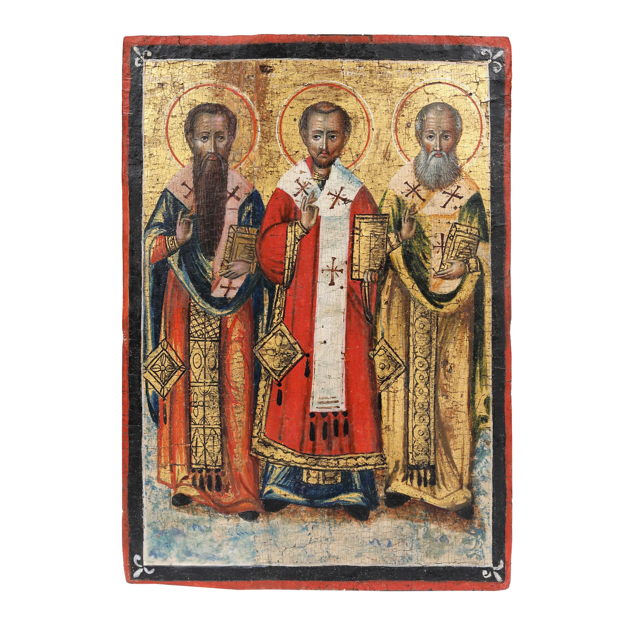 Icon on wood, "The Three Holy Hierarchs (Basil the Great, John Chrysostom and Gregory)", Greek school, mid-19th century
