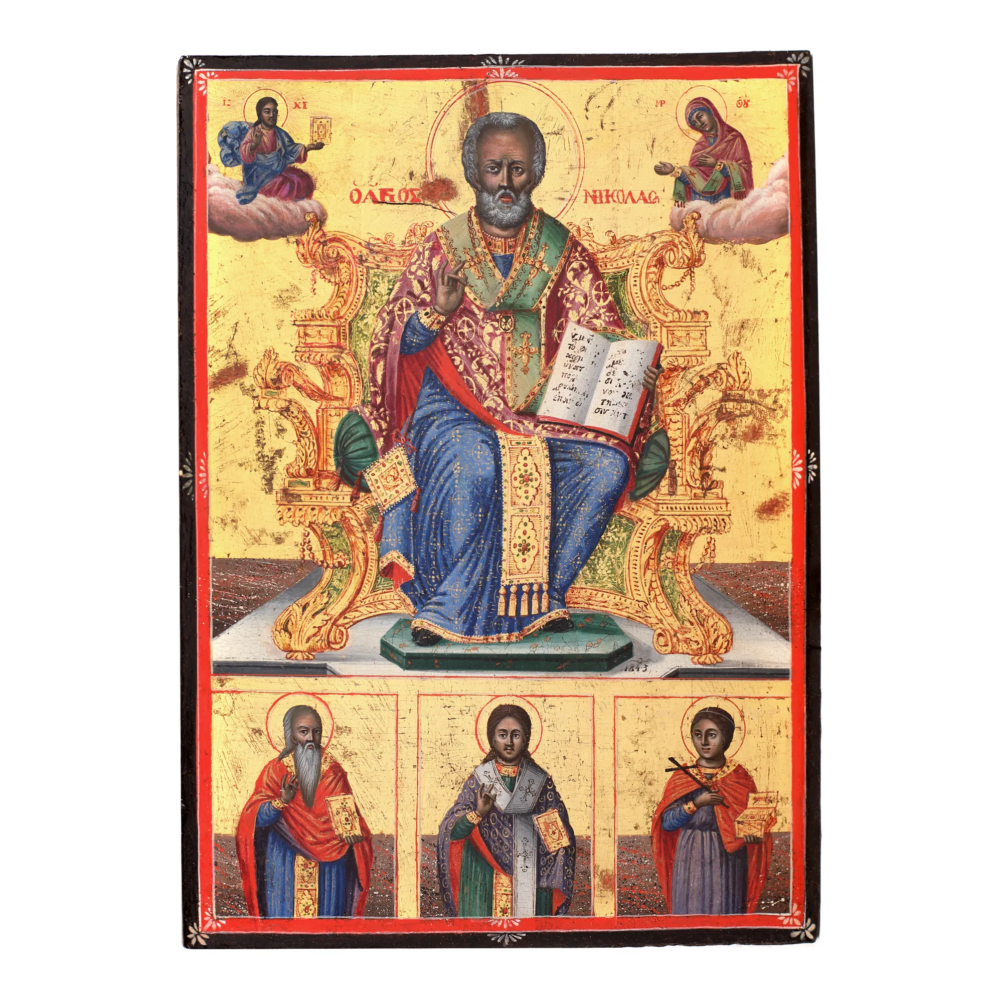 Icoană pe lemn, ”Sfântul Nicolae tronând și trei sfinți”, școală grecească, 1843