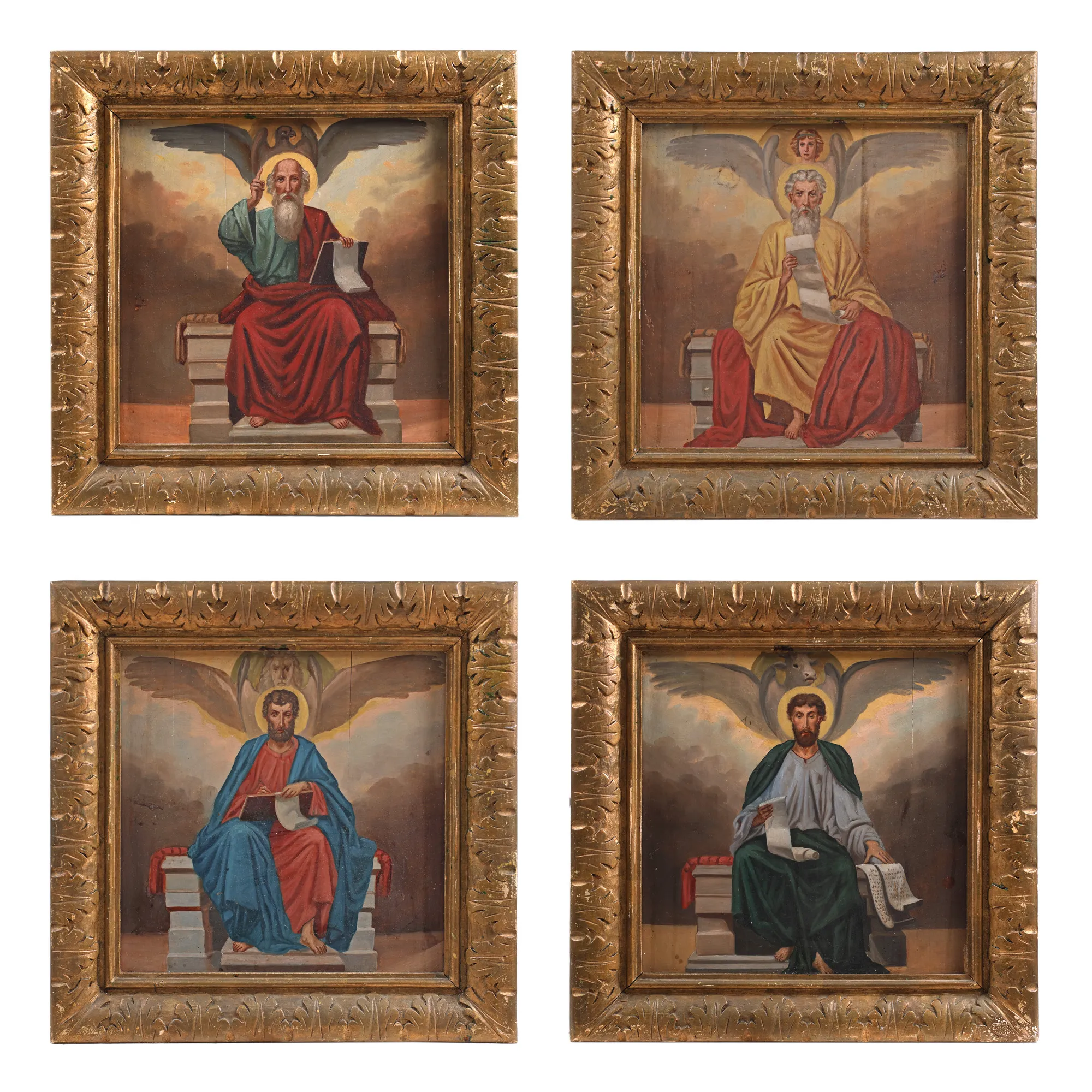 Lot format din patru icoane, ”Sfinții Apostoli și Evangheliști Matei, Marcu, Luca și Ioan”, școală românească, sfârșitul sec. XIX - începutul sec. XX