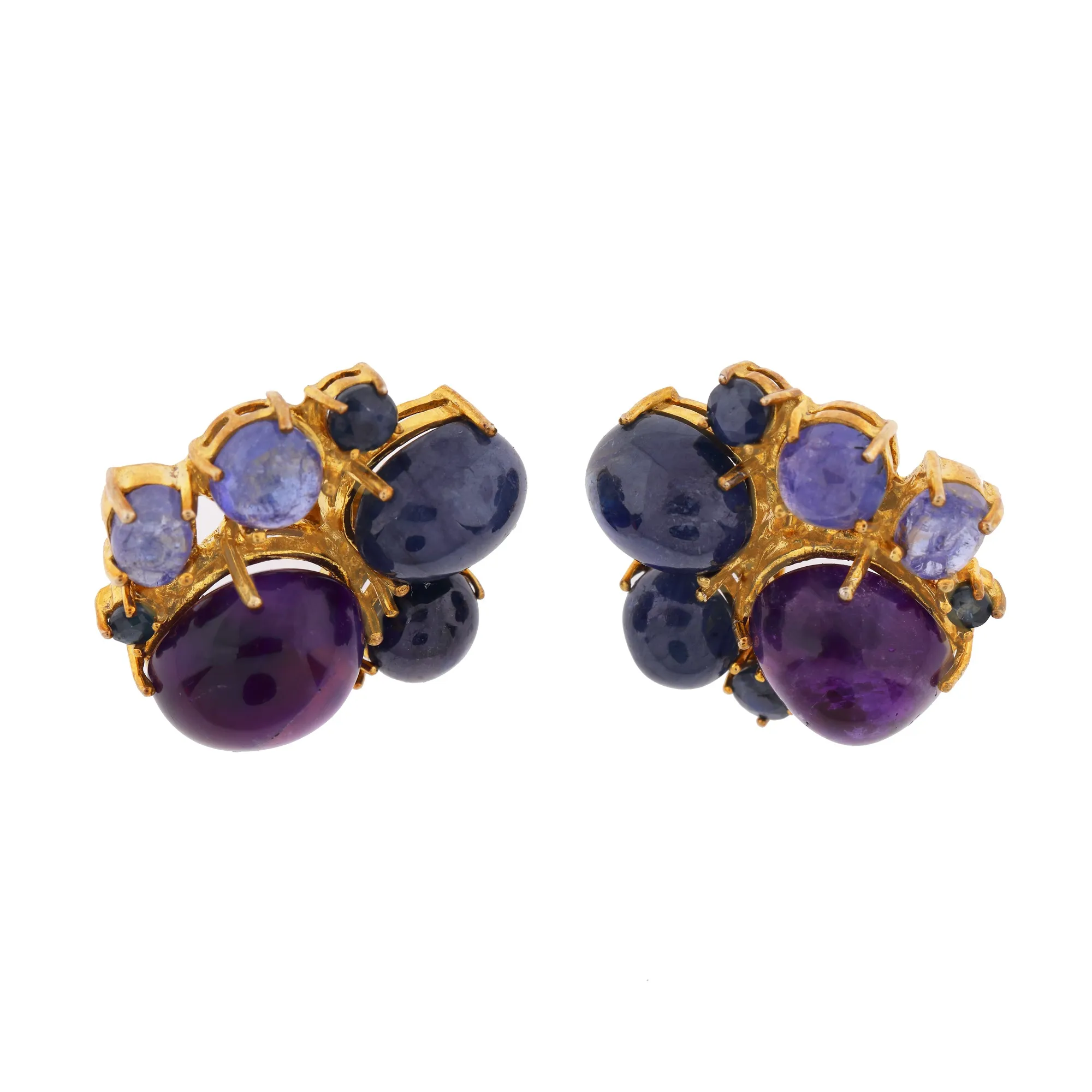 Pair of gold-plated silver earrings decorated with sapphires, tanzanites, and amethysts