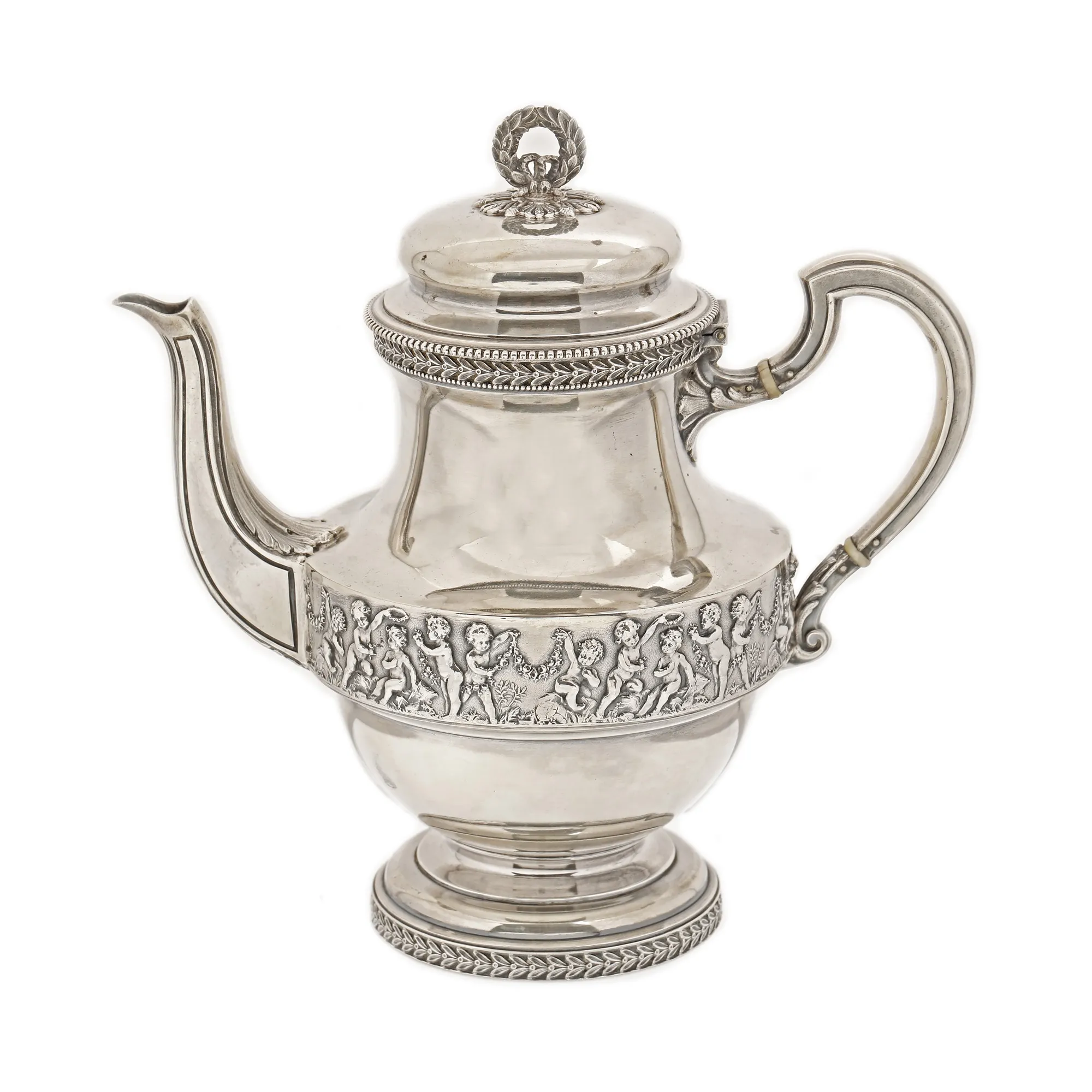 Silver tea pot, decorated with putti frieze, artisan Adolphe Boulenger, late 19th Century
