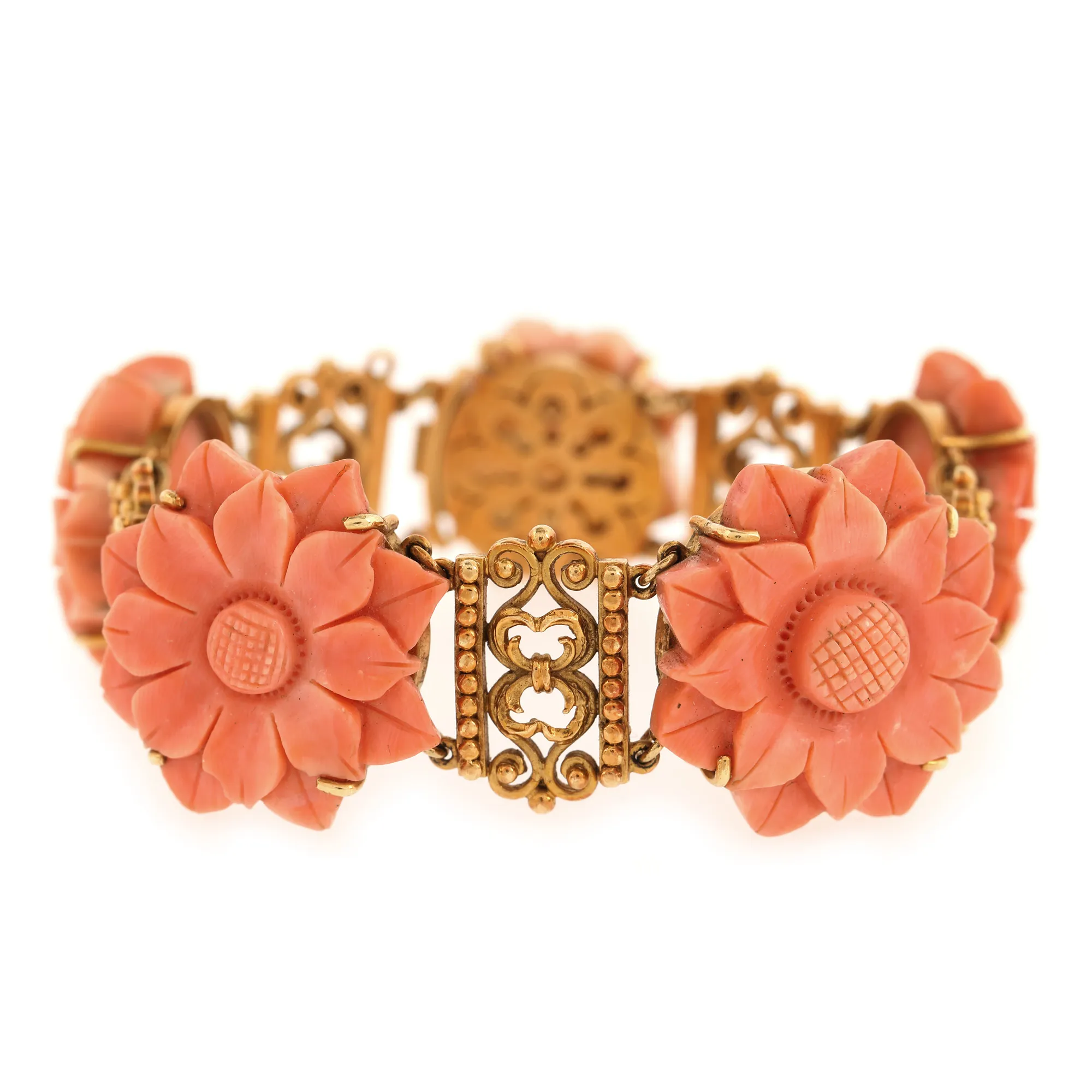 Gold bracelet, decorated with sculpted pink coral, originating from the Marina Dimitropoulos collection