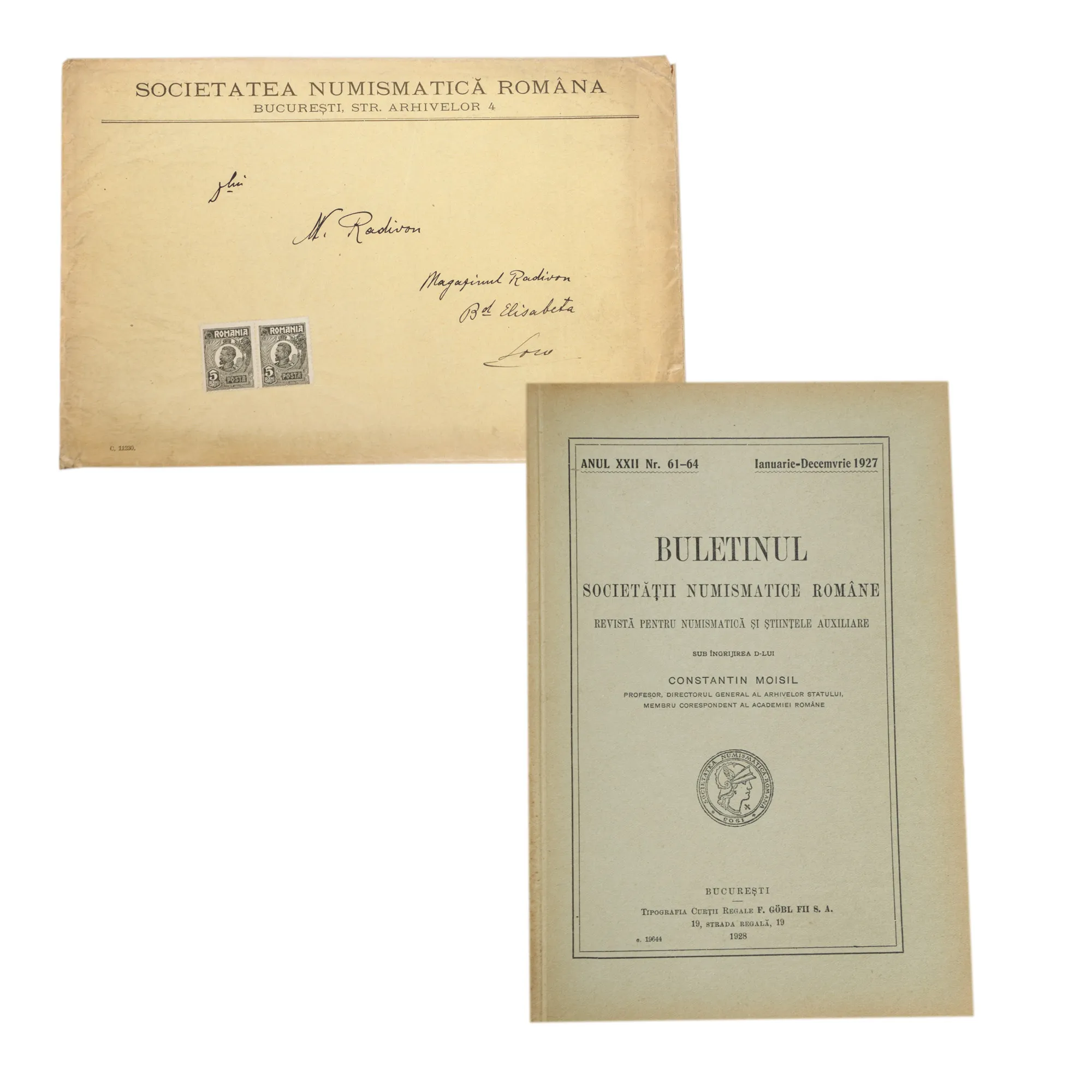 ”Buletinul Societății Numismatice Române”, București, 1927, împreună cu plicul original trimis lui Nicolae Radivon