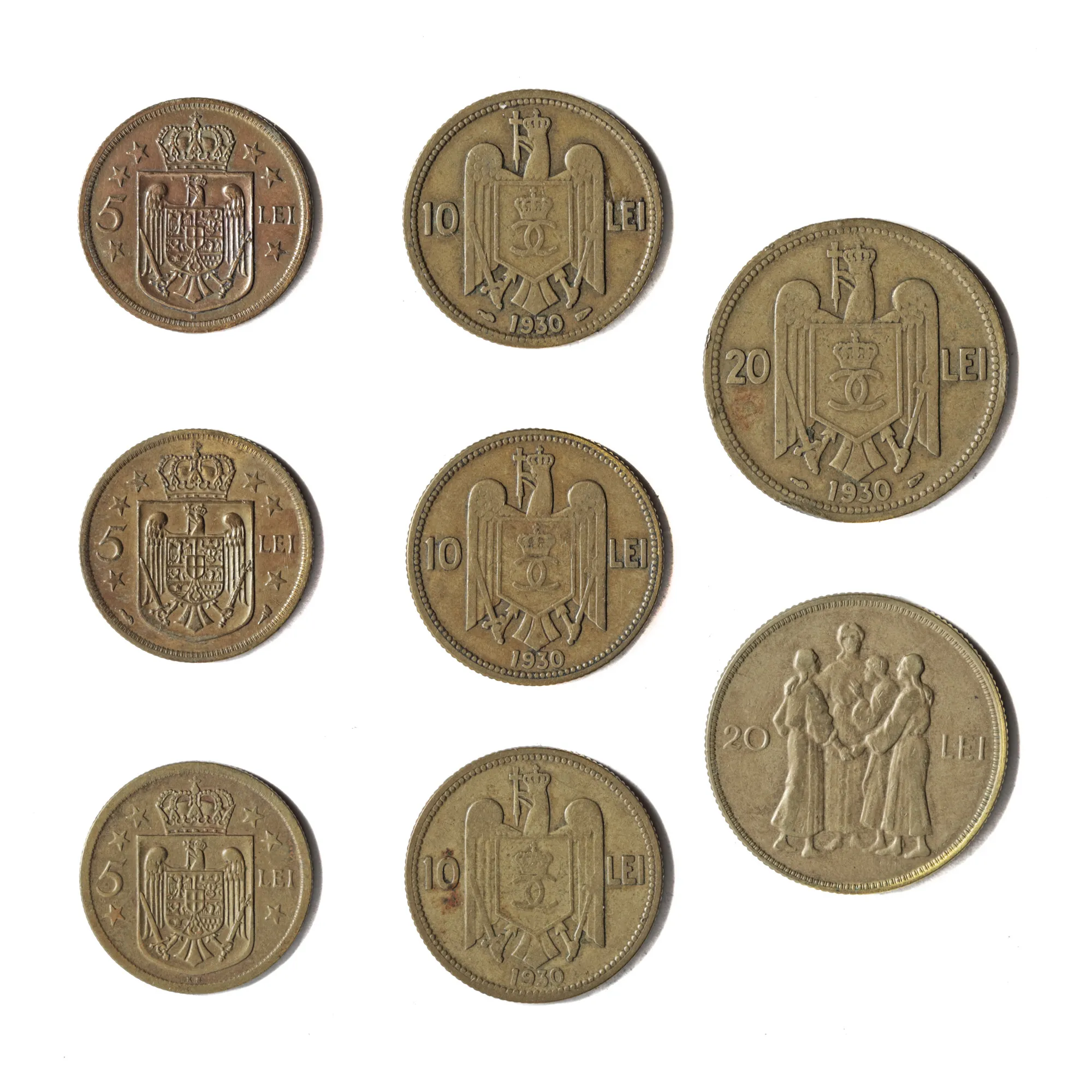 Lot format din 8 monede din 1930 cu efigiile regilor Mihai I și Carol II, valori și monetării diferite: 5, 10 și 20 lei