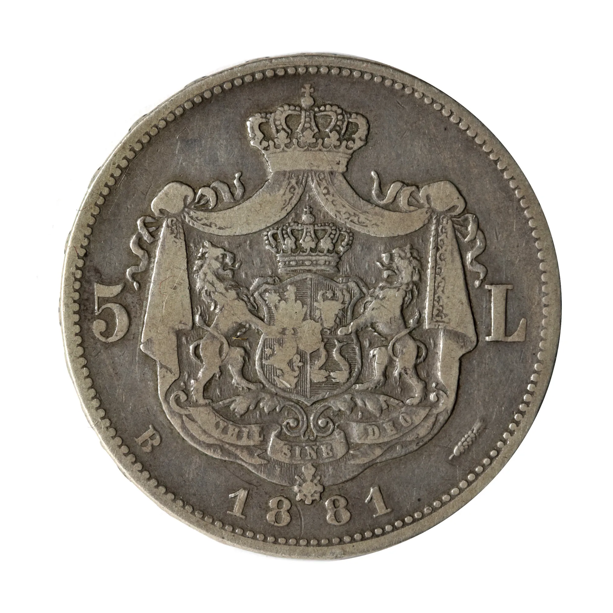 Monedă 5 lei 1881, Carol I, variantă foarte rară, pe cant, steaua dupa cuvântul ”Patria” stă pe o rază, argint