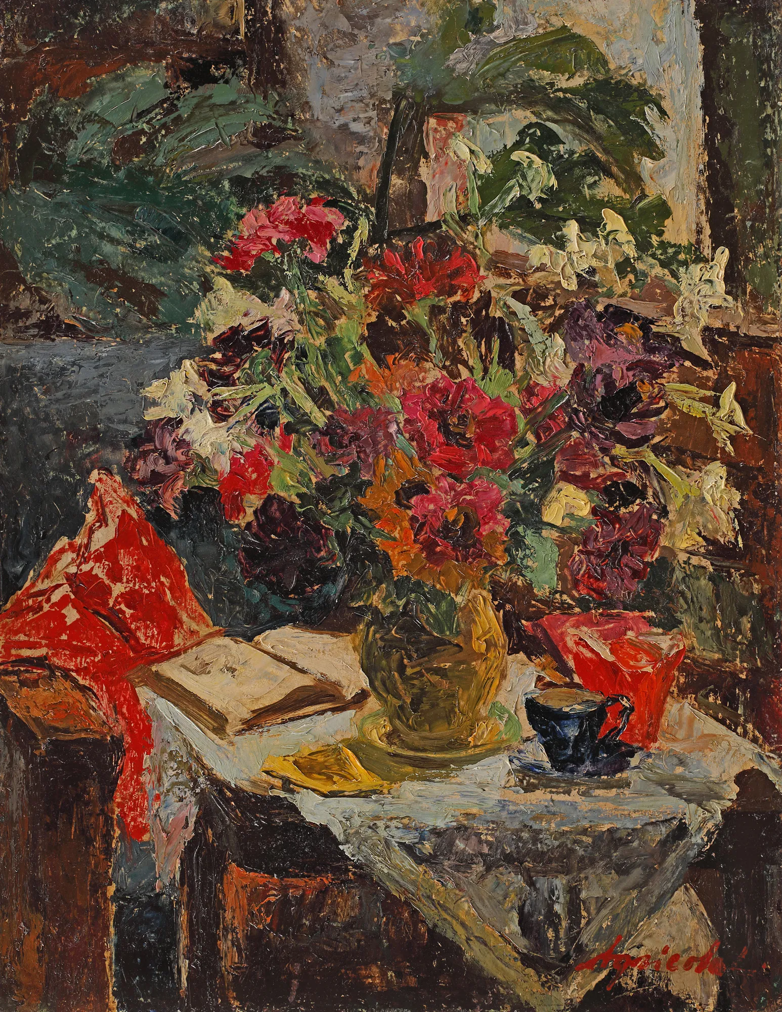 Still Life with Chrysanthemums and Book