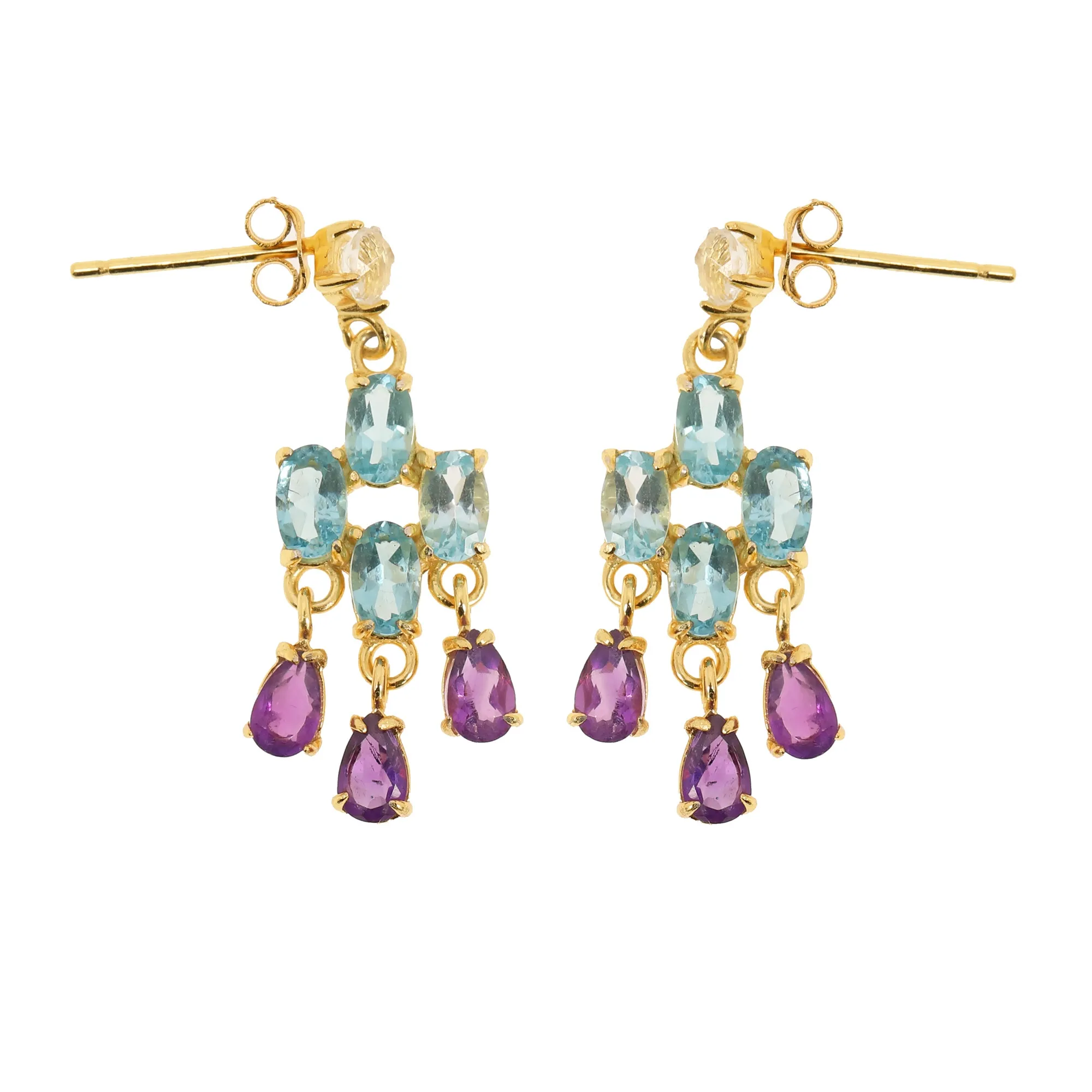 Pair of gold-plated silver earrings decorated with topazes and amethysts