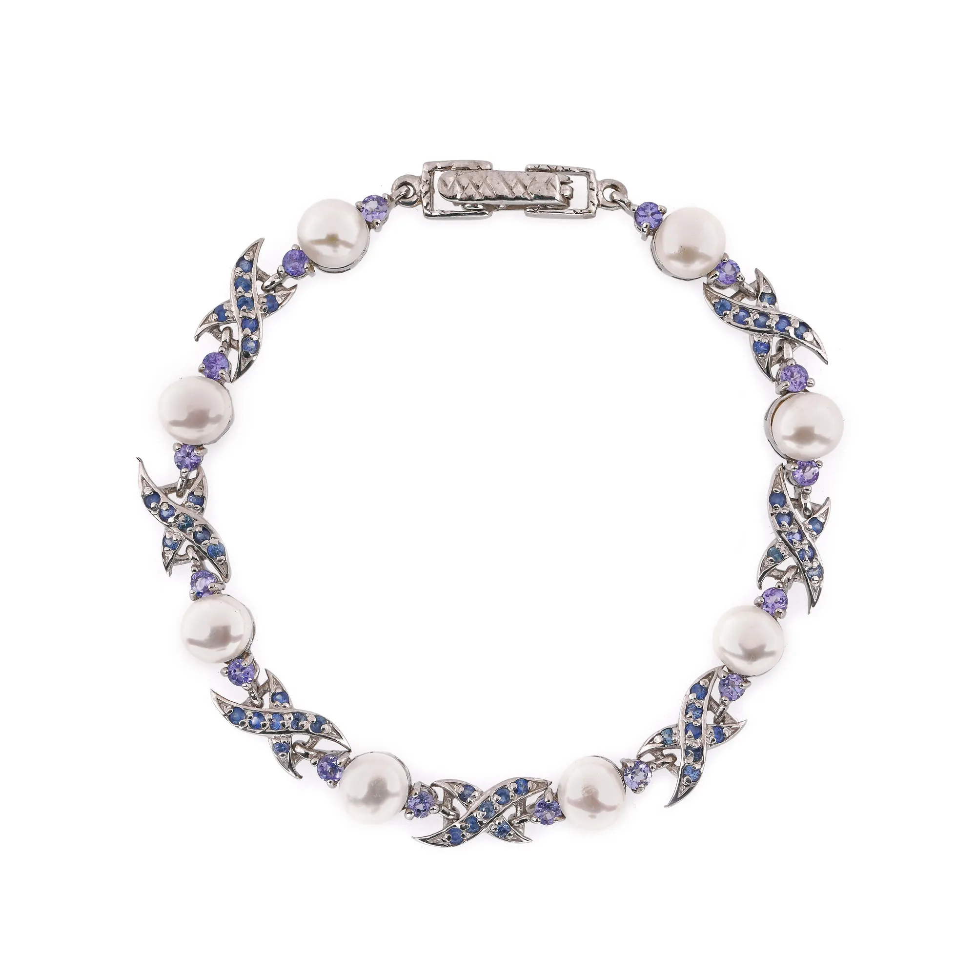 Silver bracelet decorated with pearls, sapphires, and tanzanites