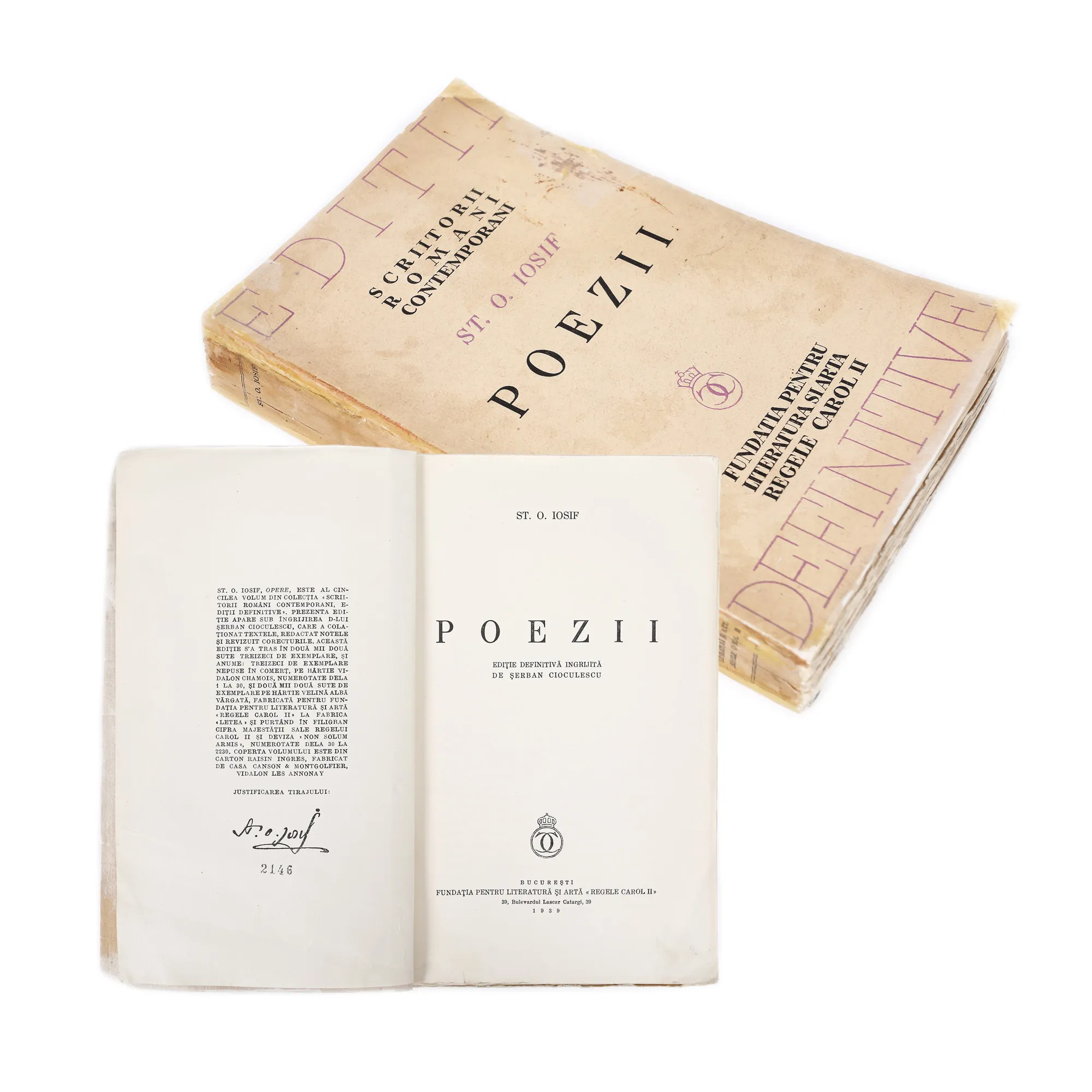 "Poems", by Șt. O. Iosif, edition curated by Șerban Cioculescu, Bucharest, 1939, with the publisher's handwritten signature, from the collection of the writer Vania Gherghinescu
