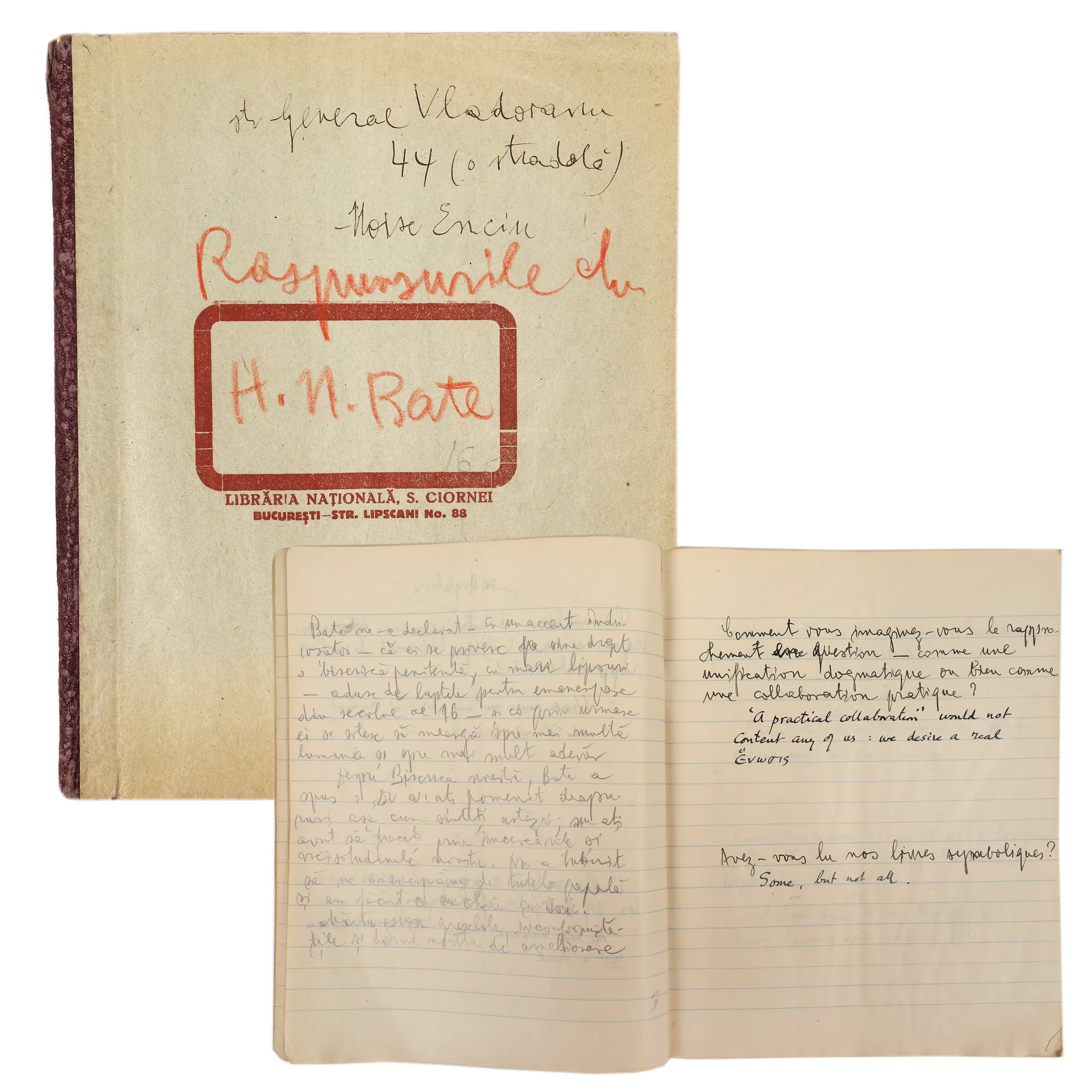 Answers to an interview by Gala Galaction with the Archbishop of York, Herbert Newell Bate, in French and English, 3 October 1924, accompanied by the writer's annotations, from the historical collection Șerban Țuculescu-Maria Galaction