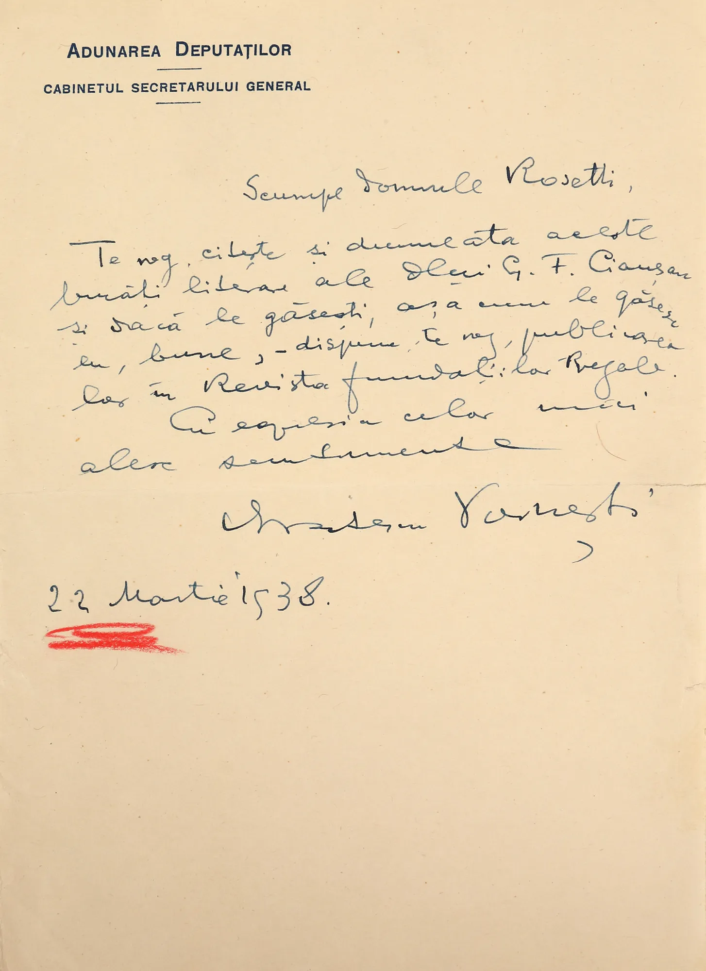 Scrisoare trimisă de Ioan Alexandru Brătescu-Voinești către Alexandru Rosetti, cu antetul Adunării Deputaților, 22 martie 1938, provine din colecția istorică Șerban Țuculescu-Maria Galaction (1 filă)
