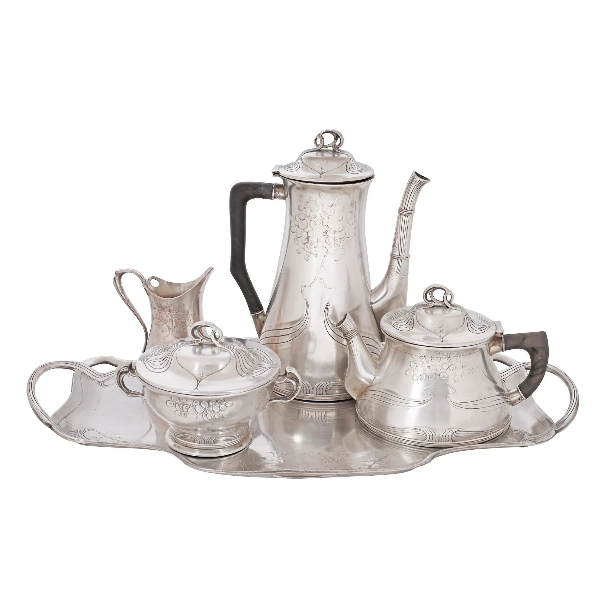 Orivit tea set, Secession style, consisting of teapot, coffee pot, sugar bowl, milk pot, tray, approx. 1905