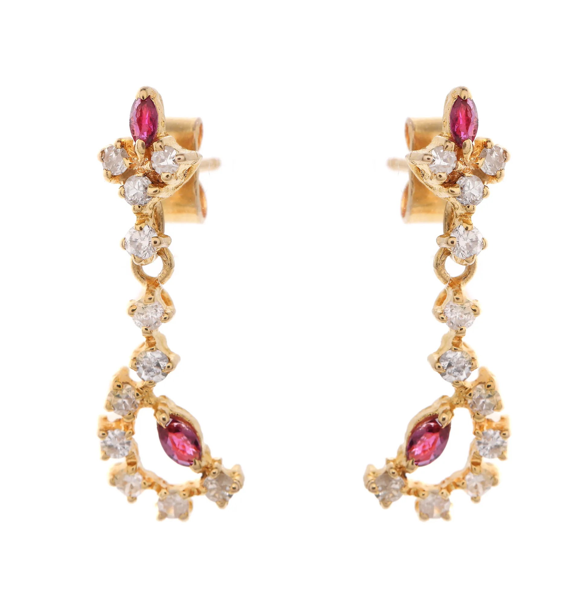 Pair of gold earrings, decorated with rubies and diamonds