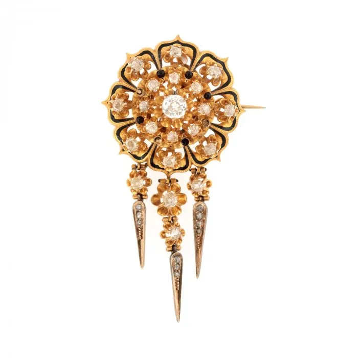 Gold brooch, in the shape of a flower, decorated with enamel and diamonds, circa 1900