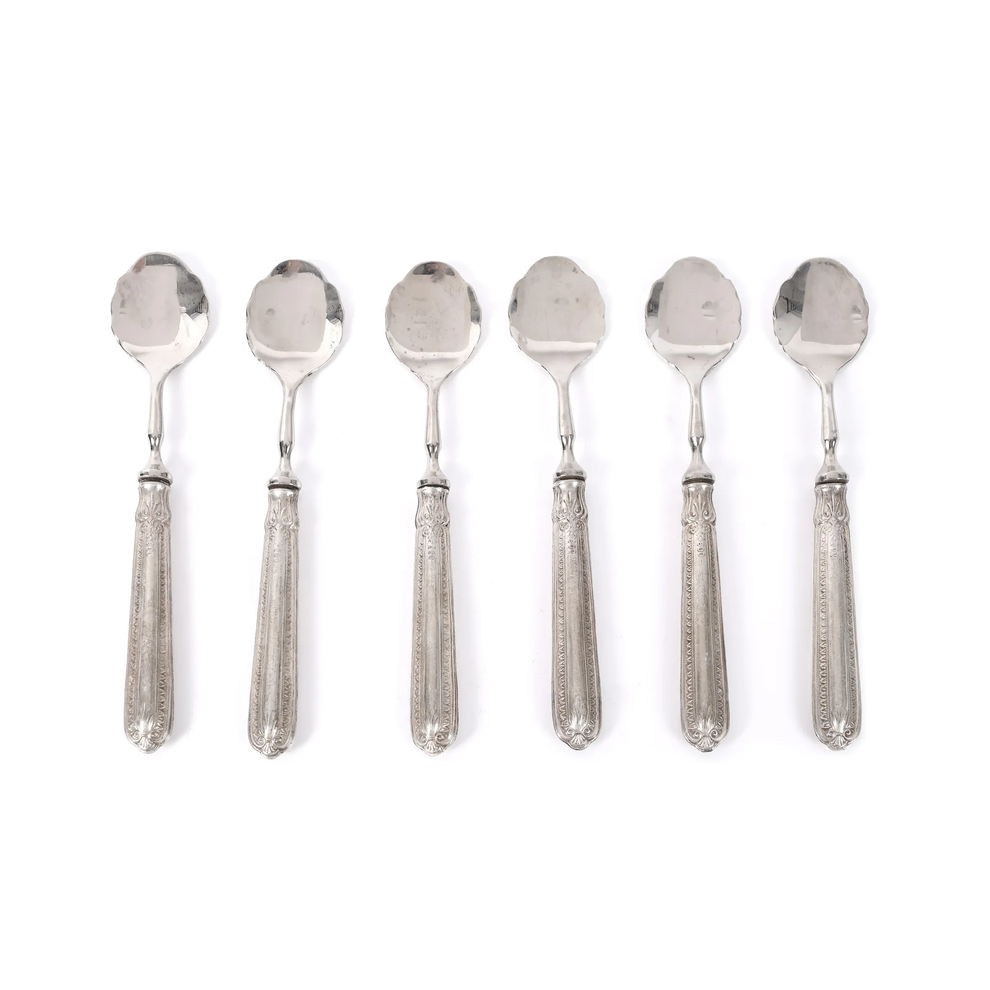 Set of six silver spoons for ice cream, decorated with stylized plant motifs