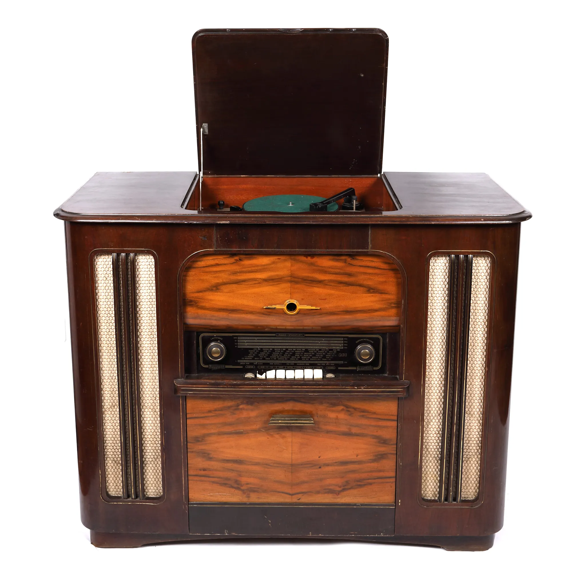 Radio VEB Stern - Radio Stassfurt, cu pick-up și magnetofon, model M.T.G. 24, însoțit de garanția originală, Germania, cca. 1956, provine din colecția scriitorului Zaharia Stancu