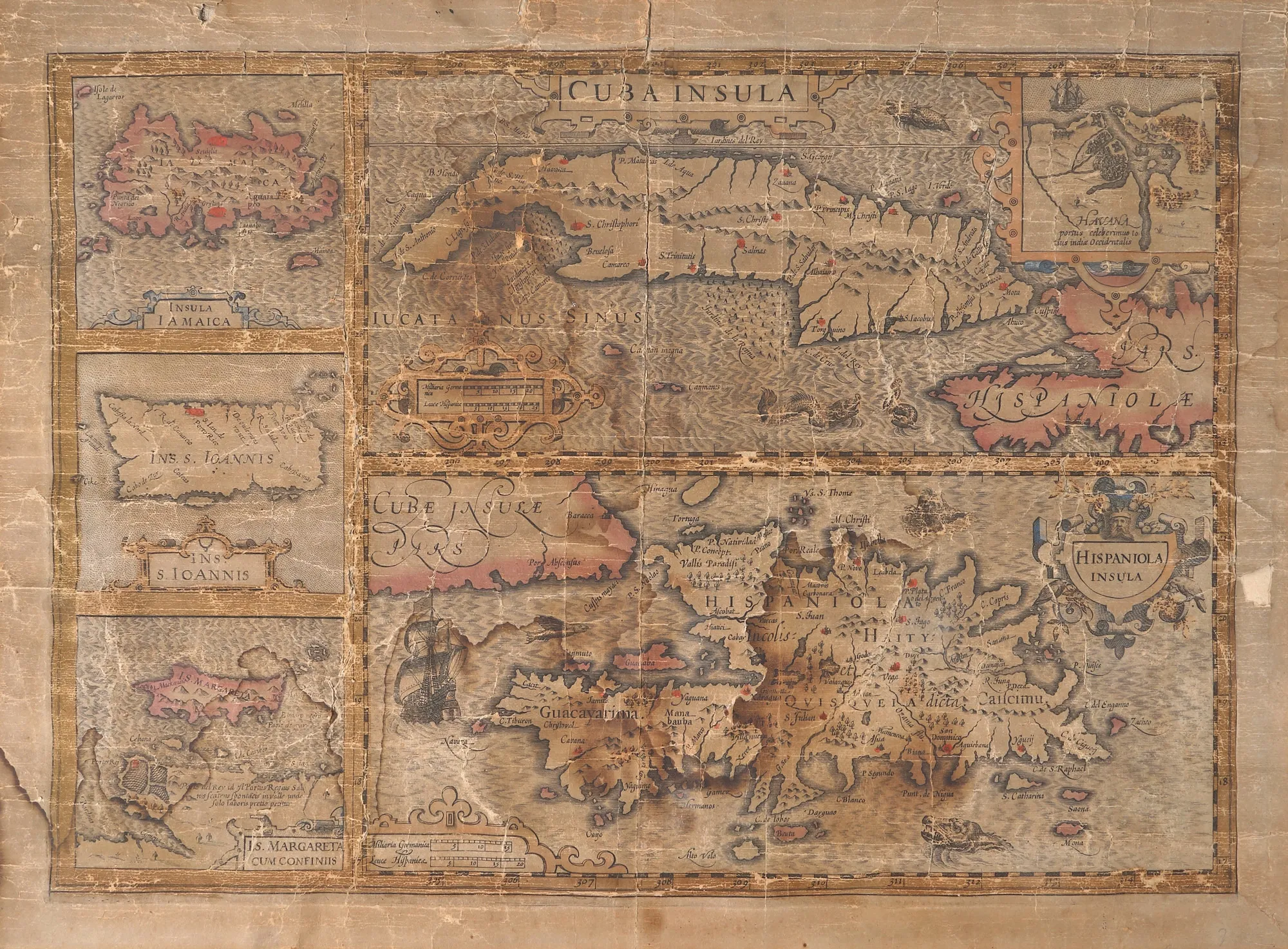 Hartă ”Antilele Mari. Insulele Cuba, Hispaniola, Jamaica, Sf. Ioan (Puerto Rico), Margareta (Indiile de Vest)”, de Gerardus Mercator, 1569, publicată de Hendrik Hondius II, Amsterdam,1633