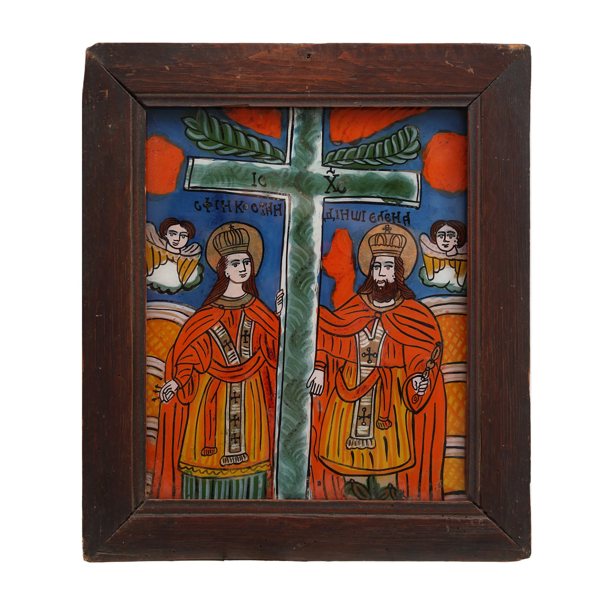 Icoană pe glajă, "Sfinții Împărați Constantin și Elena", atelier din Șcheii Brașovului, a doua jumătate a sec. XIX