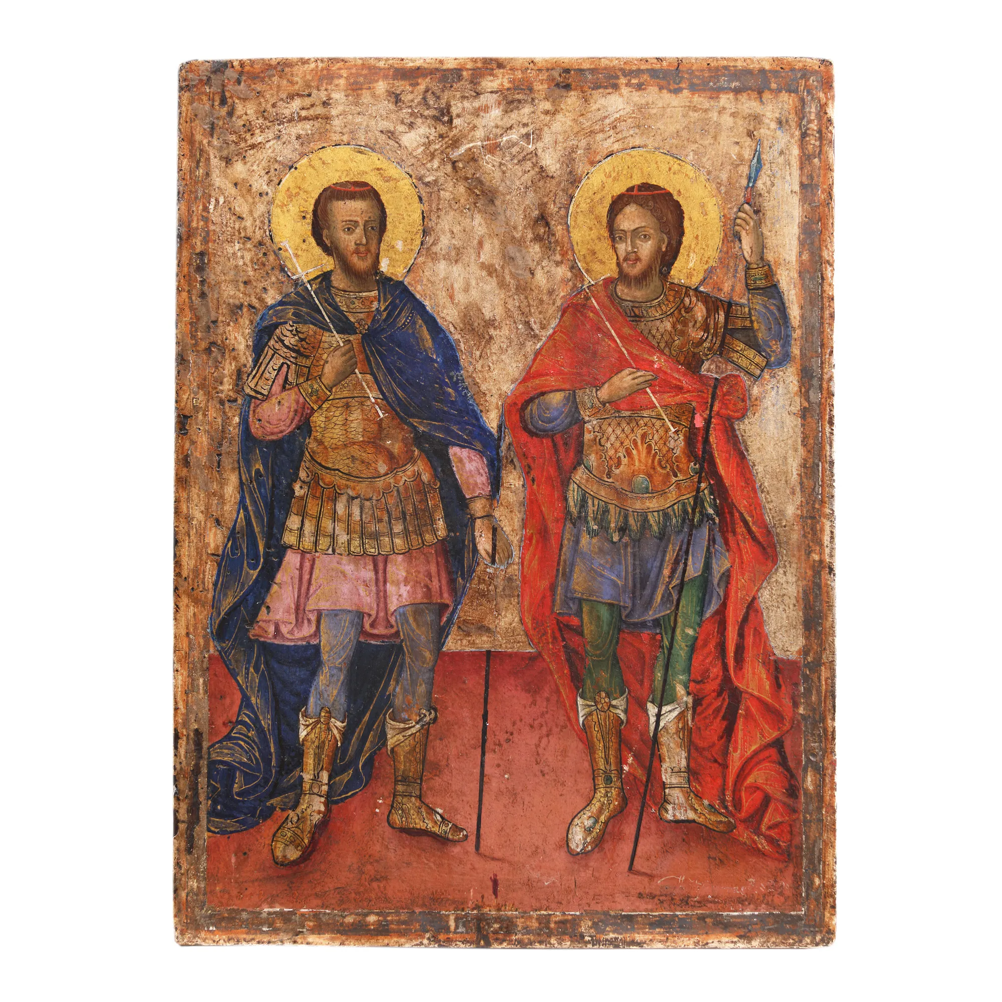 Religious icon on wood, probably "Warrior Saints Theodore Tyron and Theodore Stratilat", Greek school, first half of the 19th century