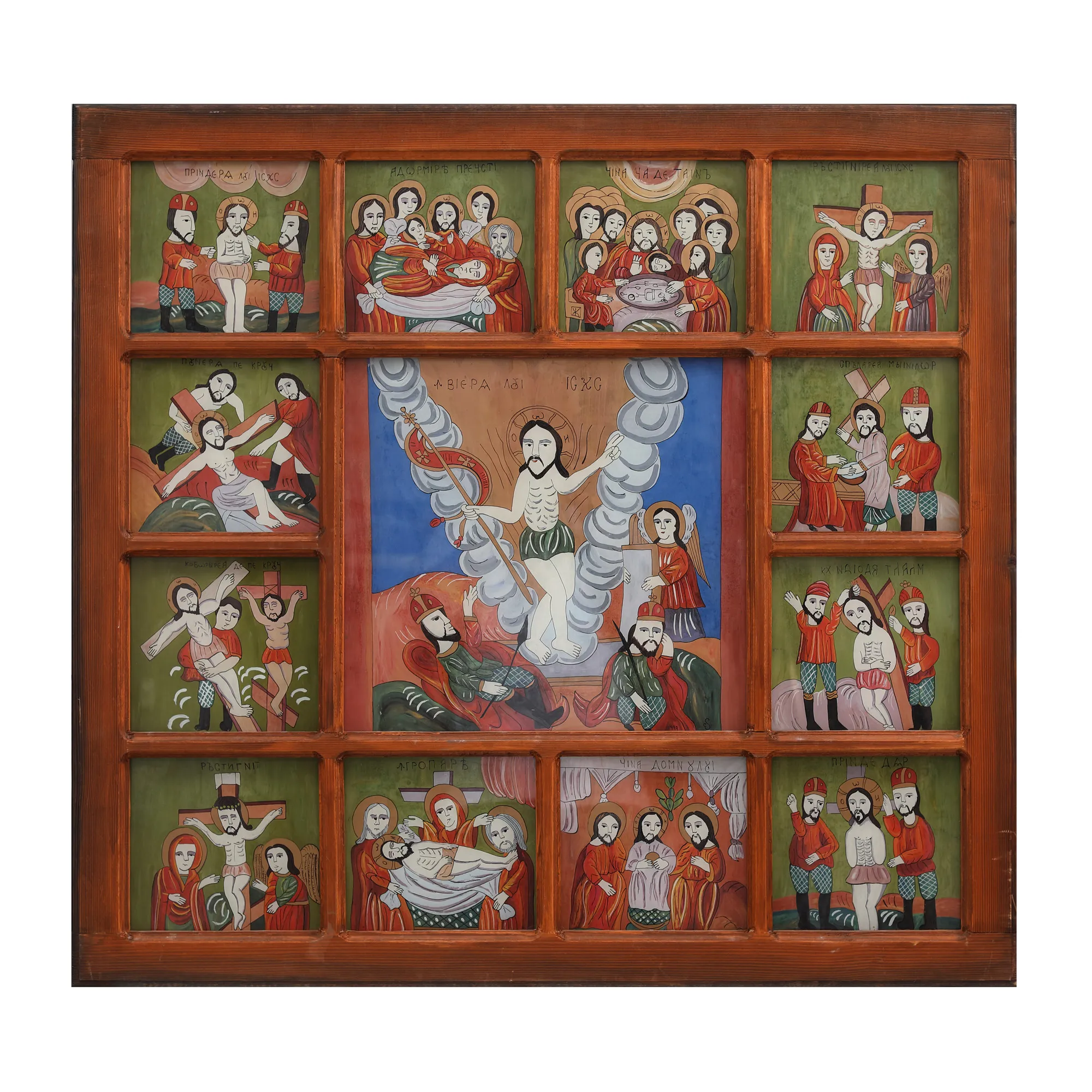 Icon on glass, "The Resurrection of the Lord and 12 scenes", folk craftswoman Stela Costache, 1999