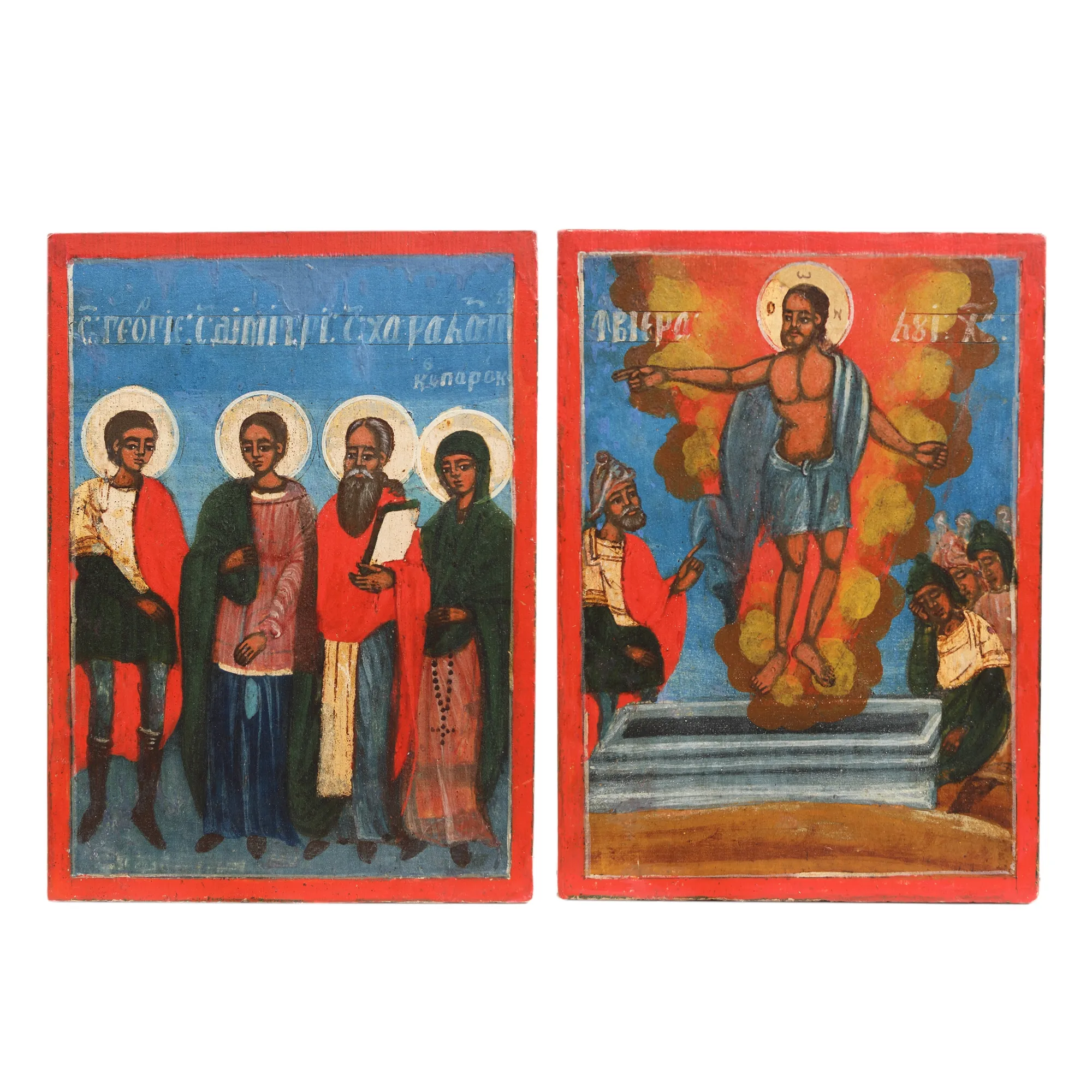 Double commemorative icon, "The Resurrection of the Lord" and "The Warrior Saints George and Dumitru, Saint Haralambos the deliverer of plague and famine and Saint Paraskeva (protector of Moldavia)", attributed to the painter Luca, 1859, collector’s item