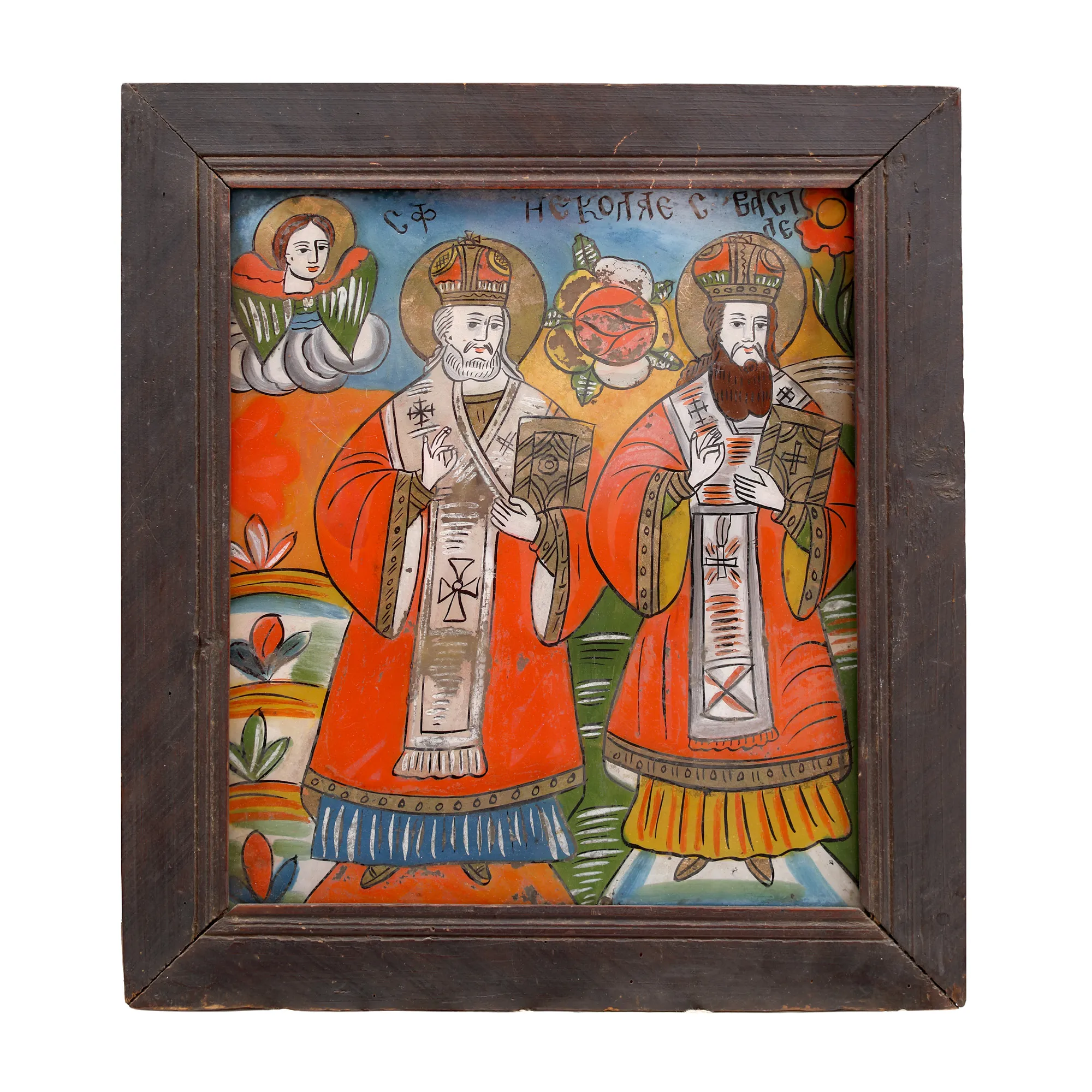 Icoană pe glajă, "Sfinții Ierarhi Nicolae și Vasile", atelier din Șcheii Brașovului, a doua jumătate a sec. XIX