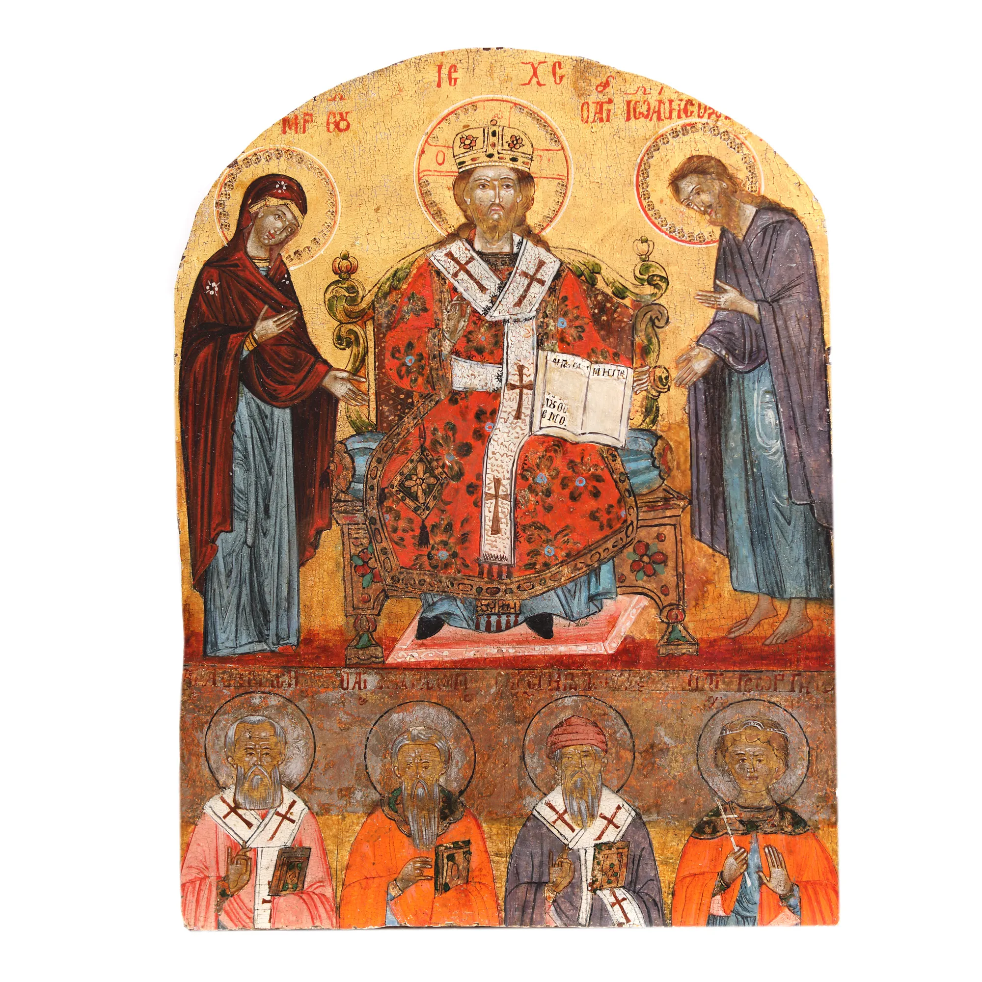 Religious icon on wood, "Deisis and four Saints", Greek school, the end of the 18th century - the beginning of the 19th century