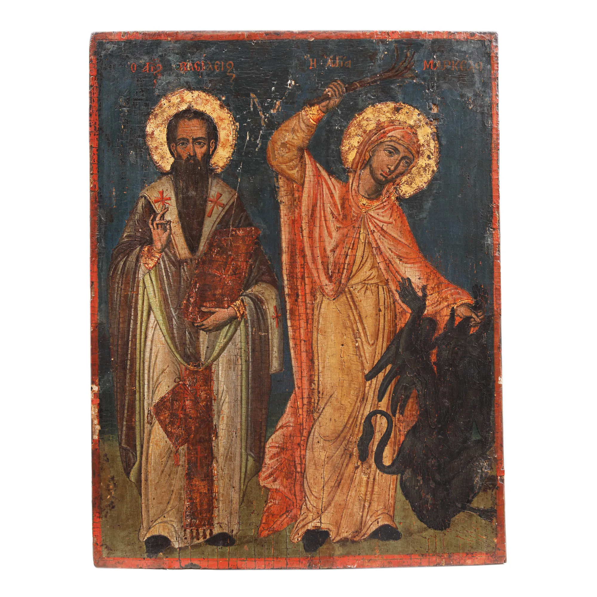 Religious icon on wood, "Saint Basil and Saint Marina", Greek school, end of the 18th century