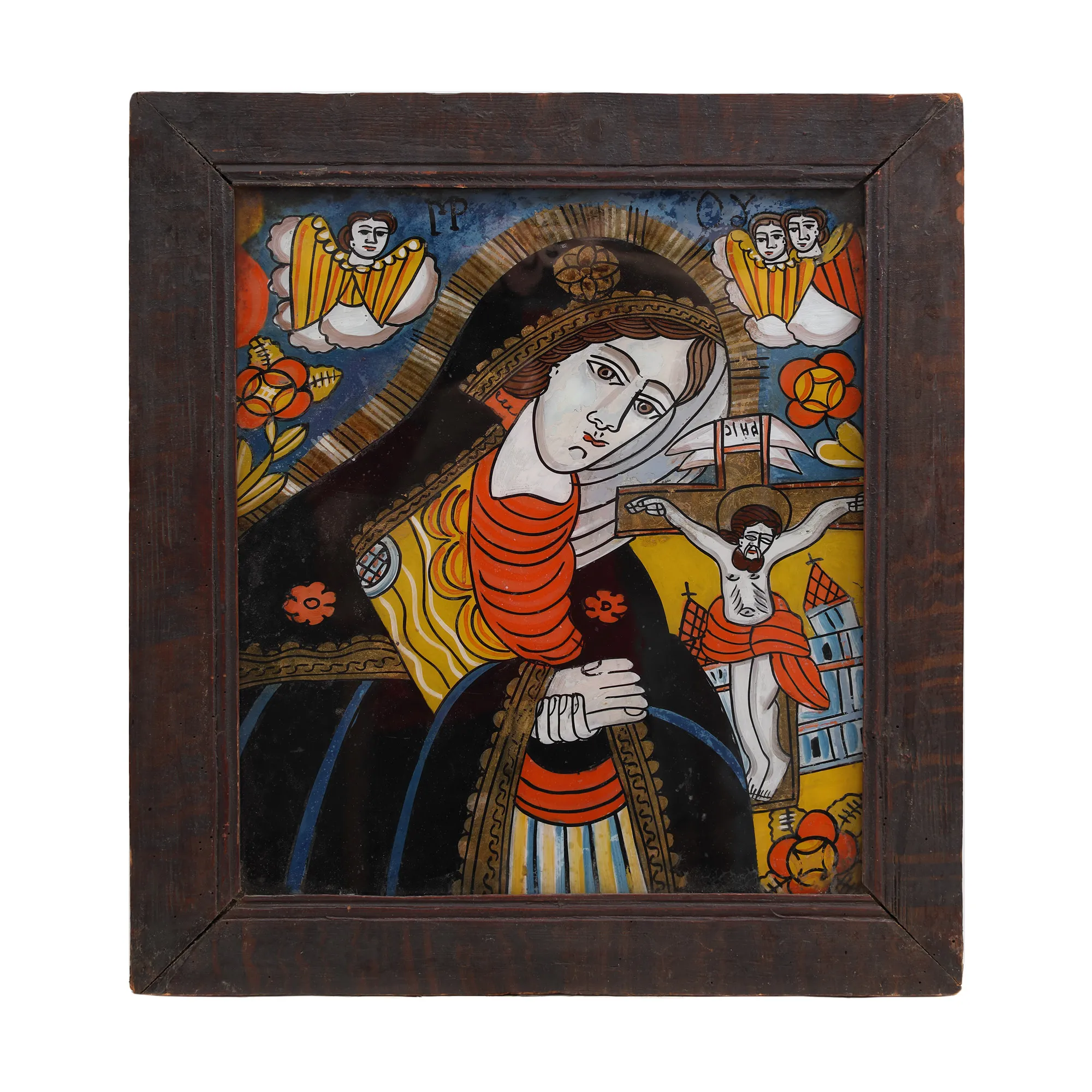 Icoană pe glajă, ”Maica Domnului Îndurerată”, atelier din Șcheii Brașovului, a doua jumătate a sec. XIX