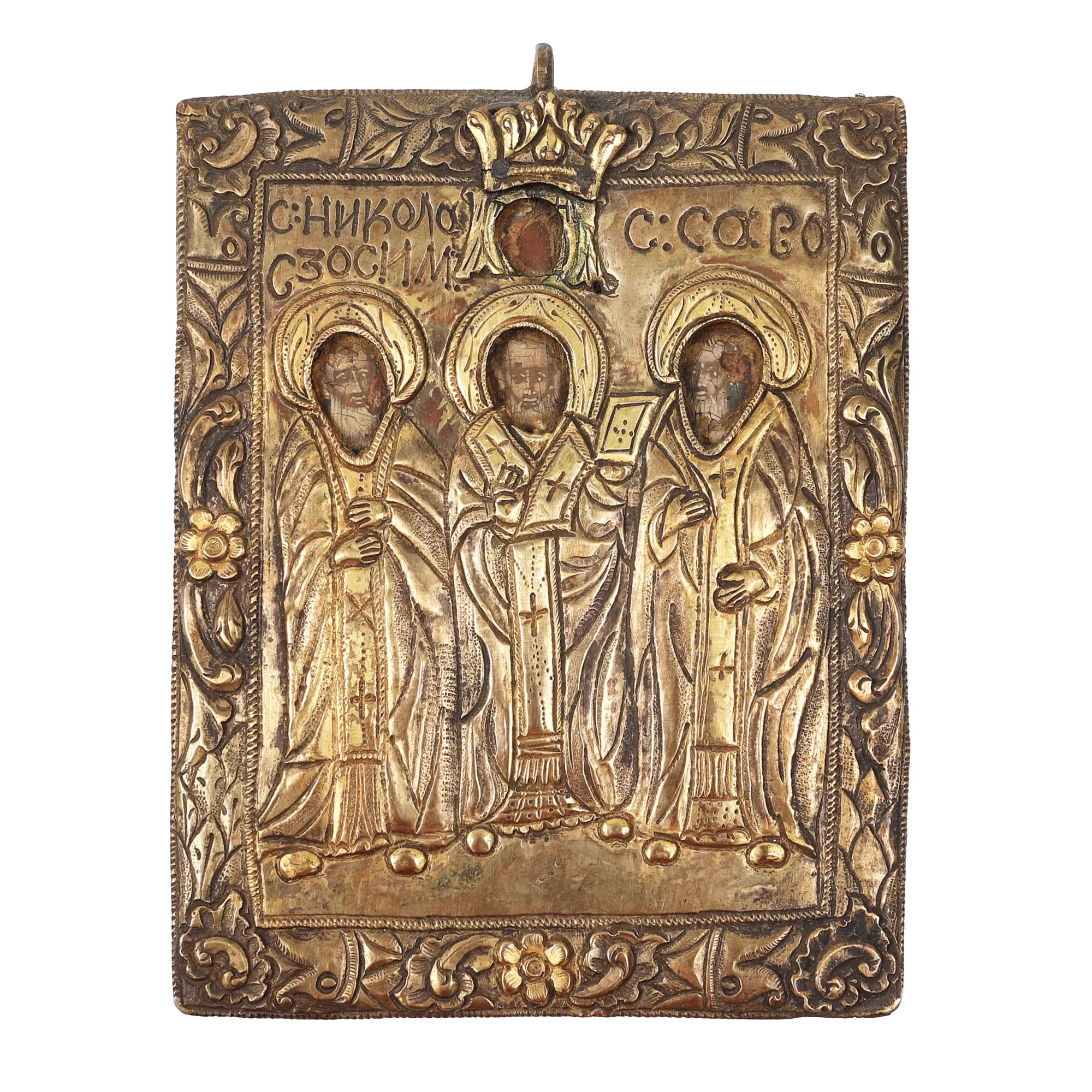 Religious icon on wood, with encasing, "The Three Holy Hierarchs (Nicholas, Zosim and Sava)", Romanian school, first half of the 19th century