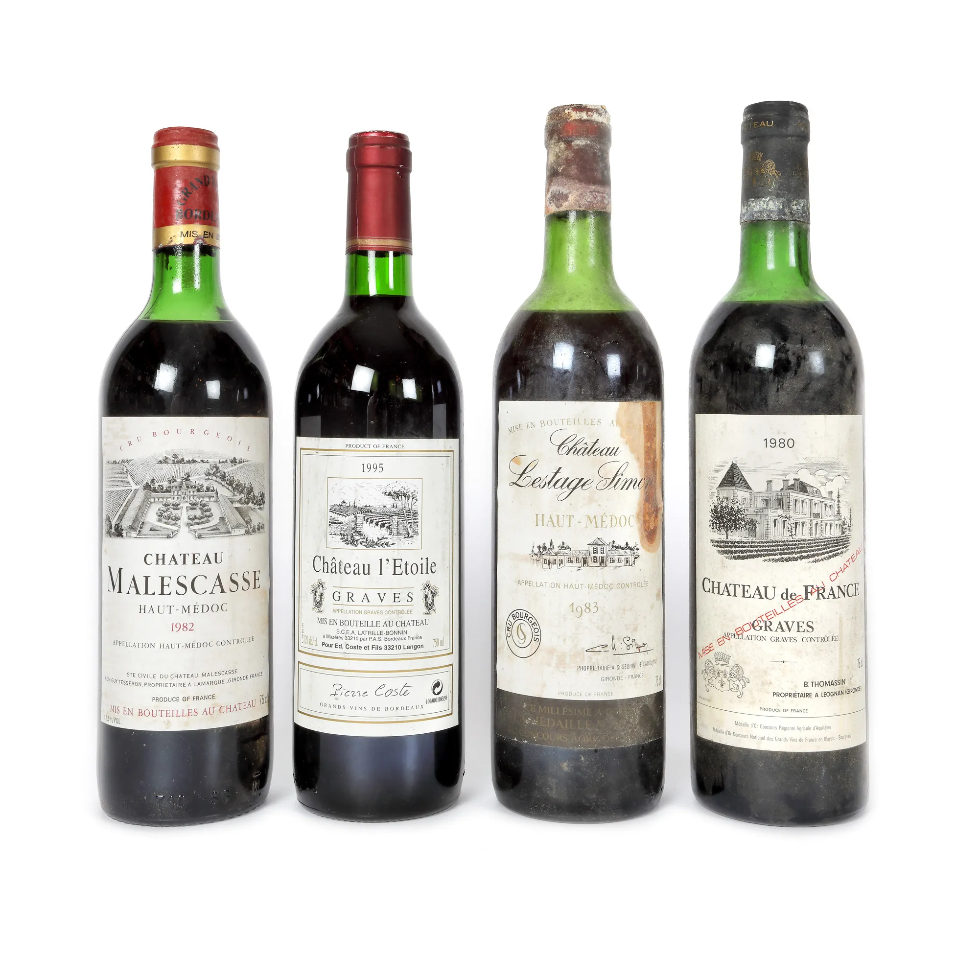 Château Malescasse, Haut-Médoc, 1982, Château Lestage Simon, Haut-Médoc, 1983, Château l'Etoile, Graves, 1995, Château de France, Graves, 1980, 4st x 0,75l