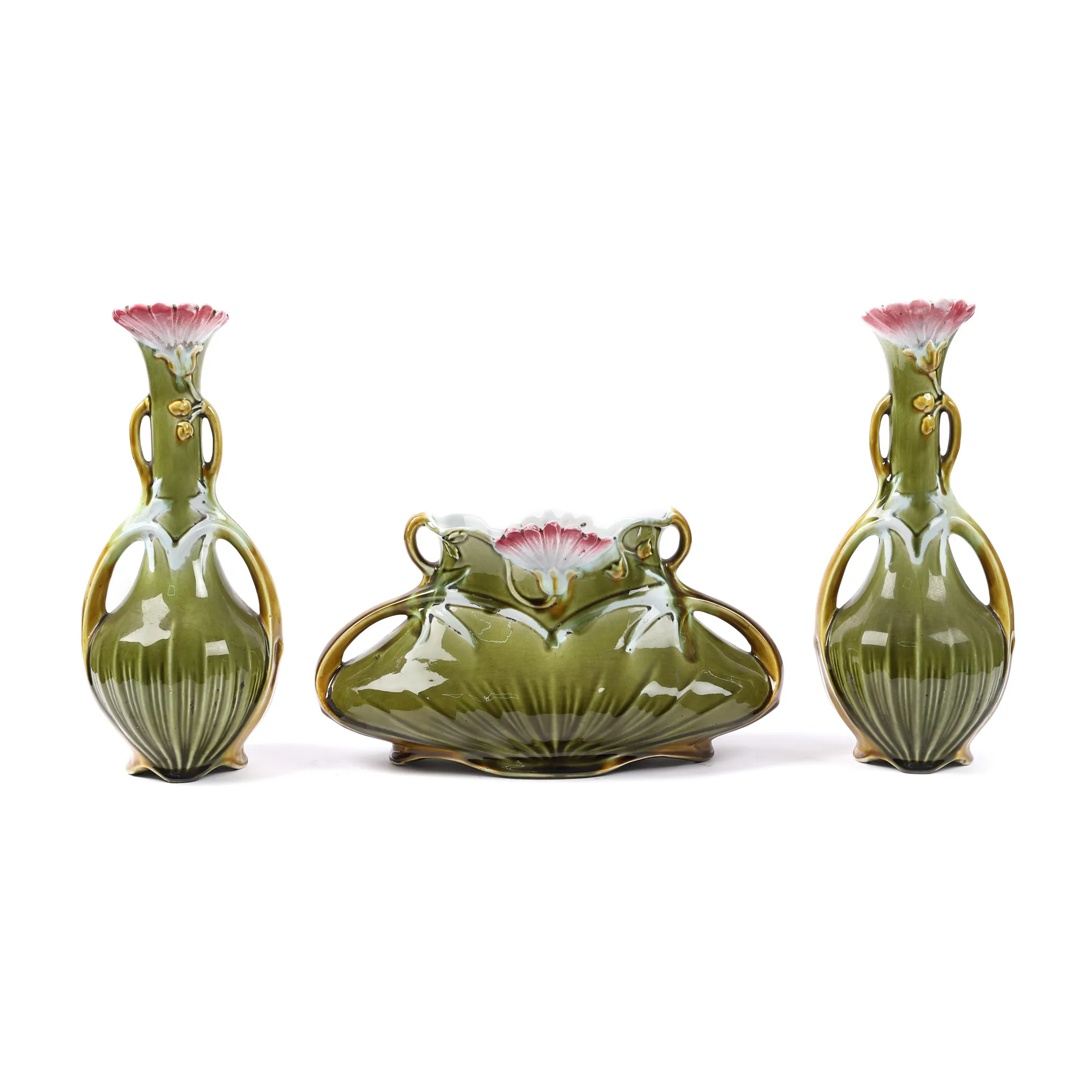 Art Nouveau ceramic set, consisting of a centrepiece and a pair of soliflore vases, decorated with pink carnations, approx. 1900