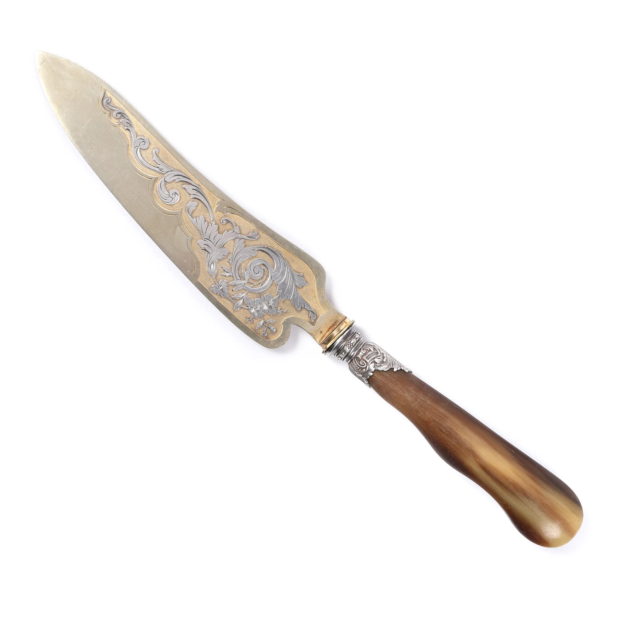 Dessert knife, horn handle, with engraved vegetal decoration, approx. 1900, with original box