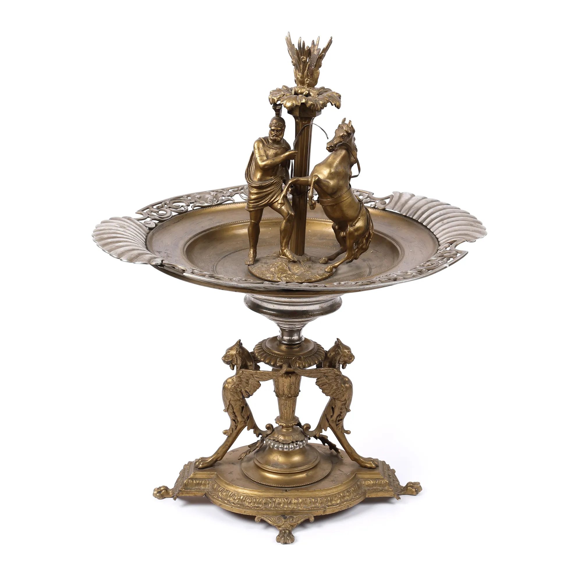 Centru de masă în stil Empire din bronz, decorat cu grifoni și cavaler roman, sec. XIX