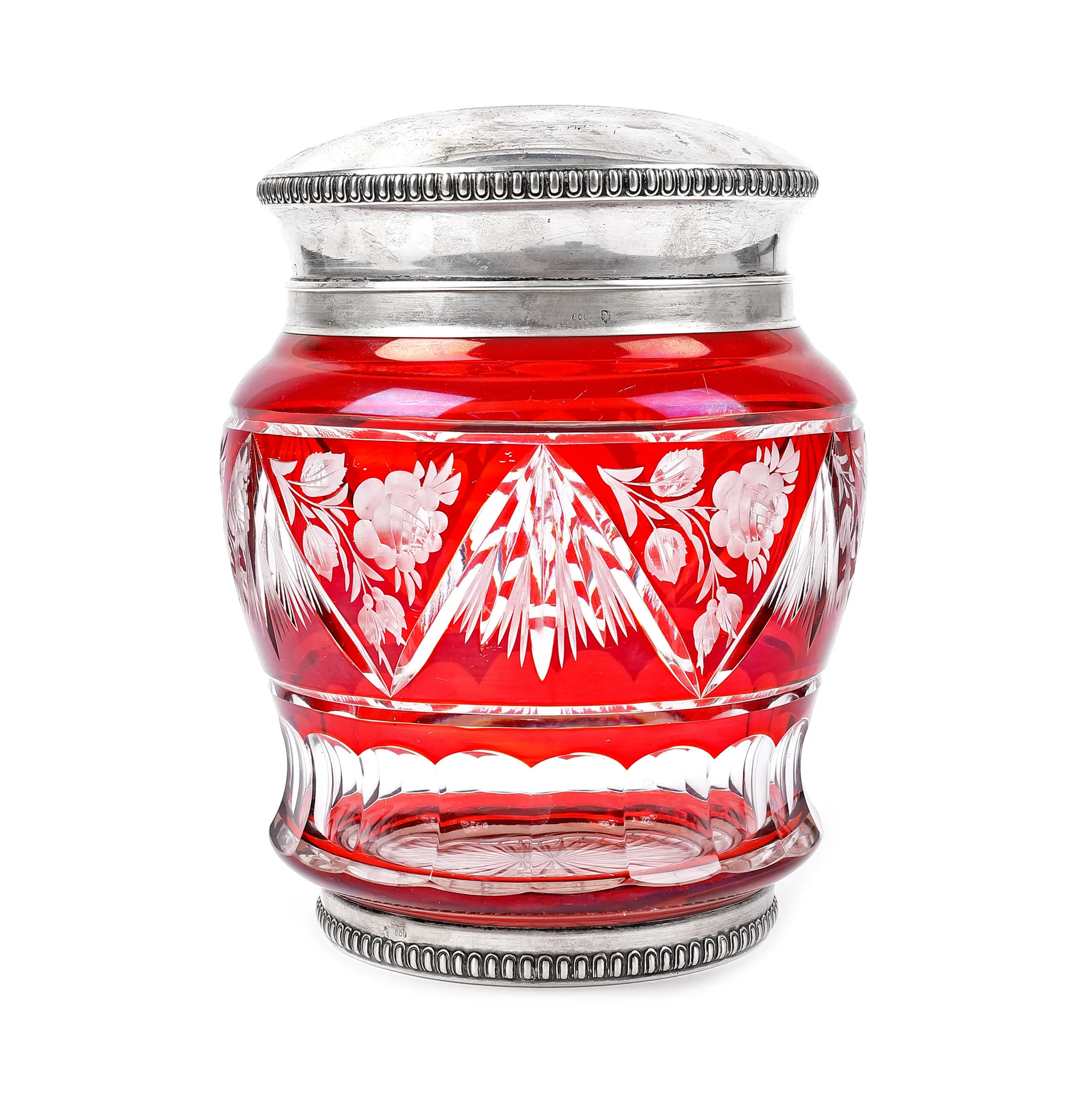Bohemian crystal candy holder with silver frame and lid, Deyhle Gebrüder workshop, early 20th century