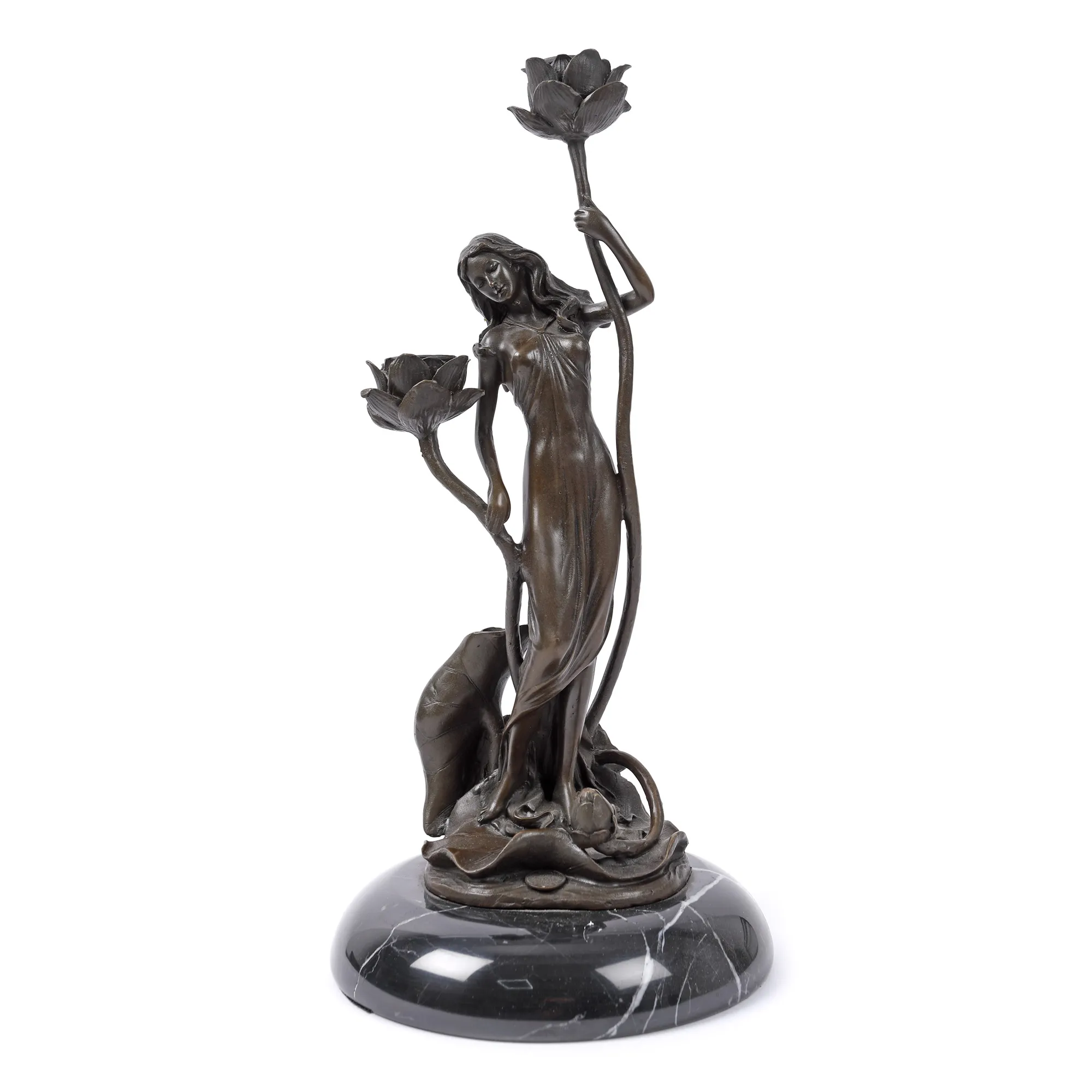Sfeșnic Art Nouveau cu două lumini, din bronz, cu soclu din marmură, decorat cu naiadă, prima jumătate a sec. XX