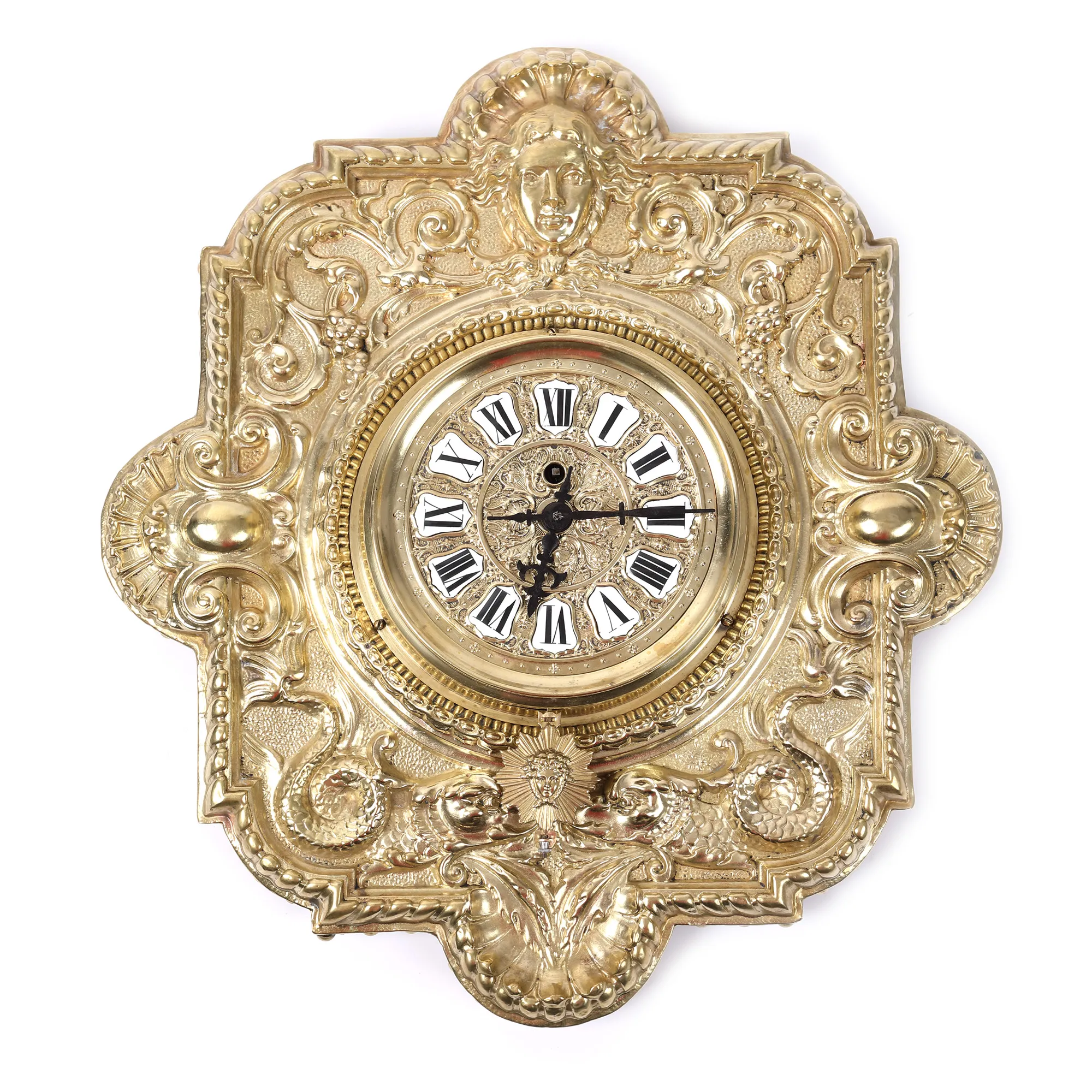 Ceas de perete în stil Renaissance Revival, cu mecanism Manufacture d’Horlogerie Eugène Farcot, decorat în repoussé, cca. 1880