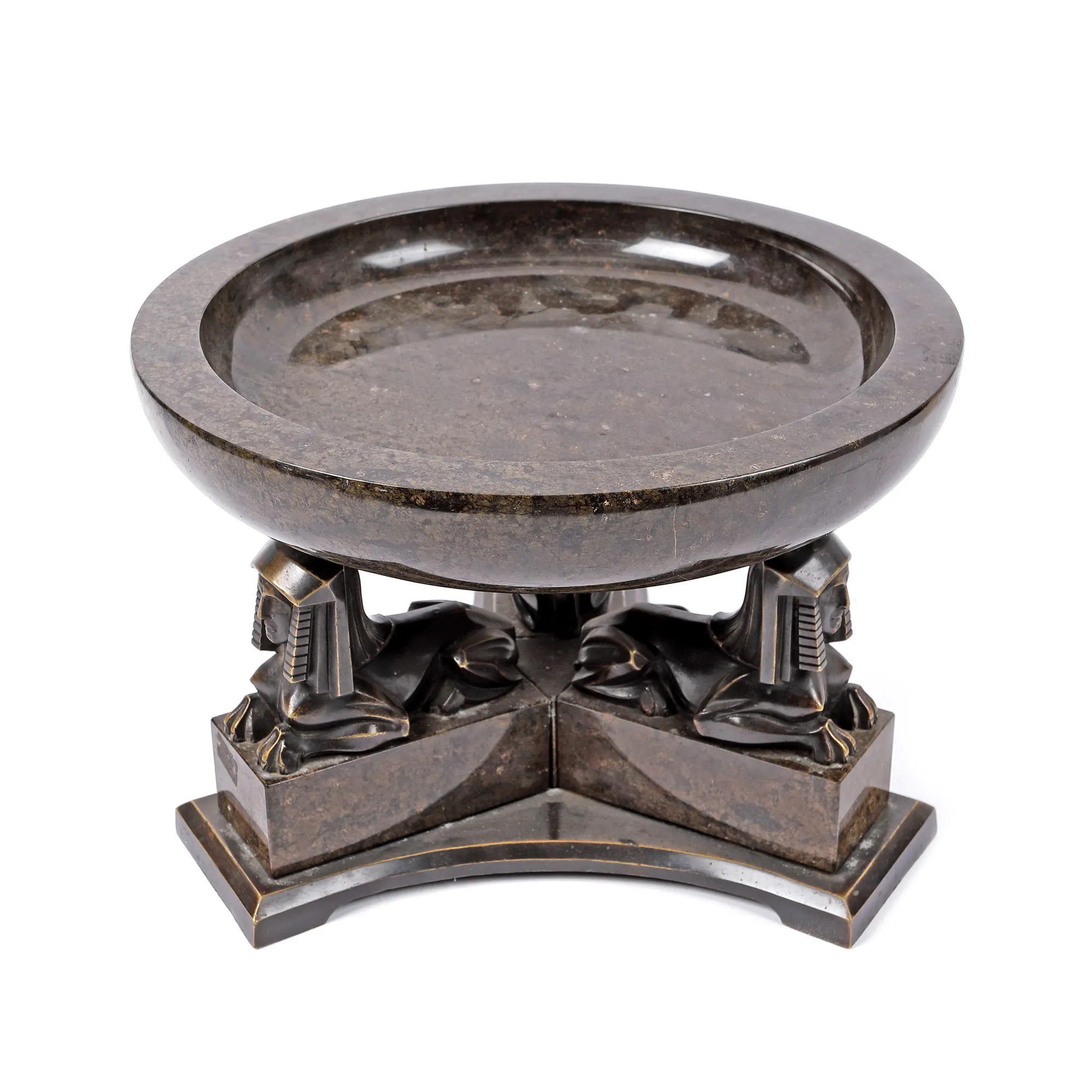 Fructieră Art Deco din marmură, decorată cu sfincși din bronz, primele decenii ale sec. XX