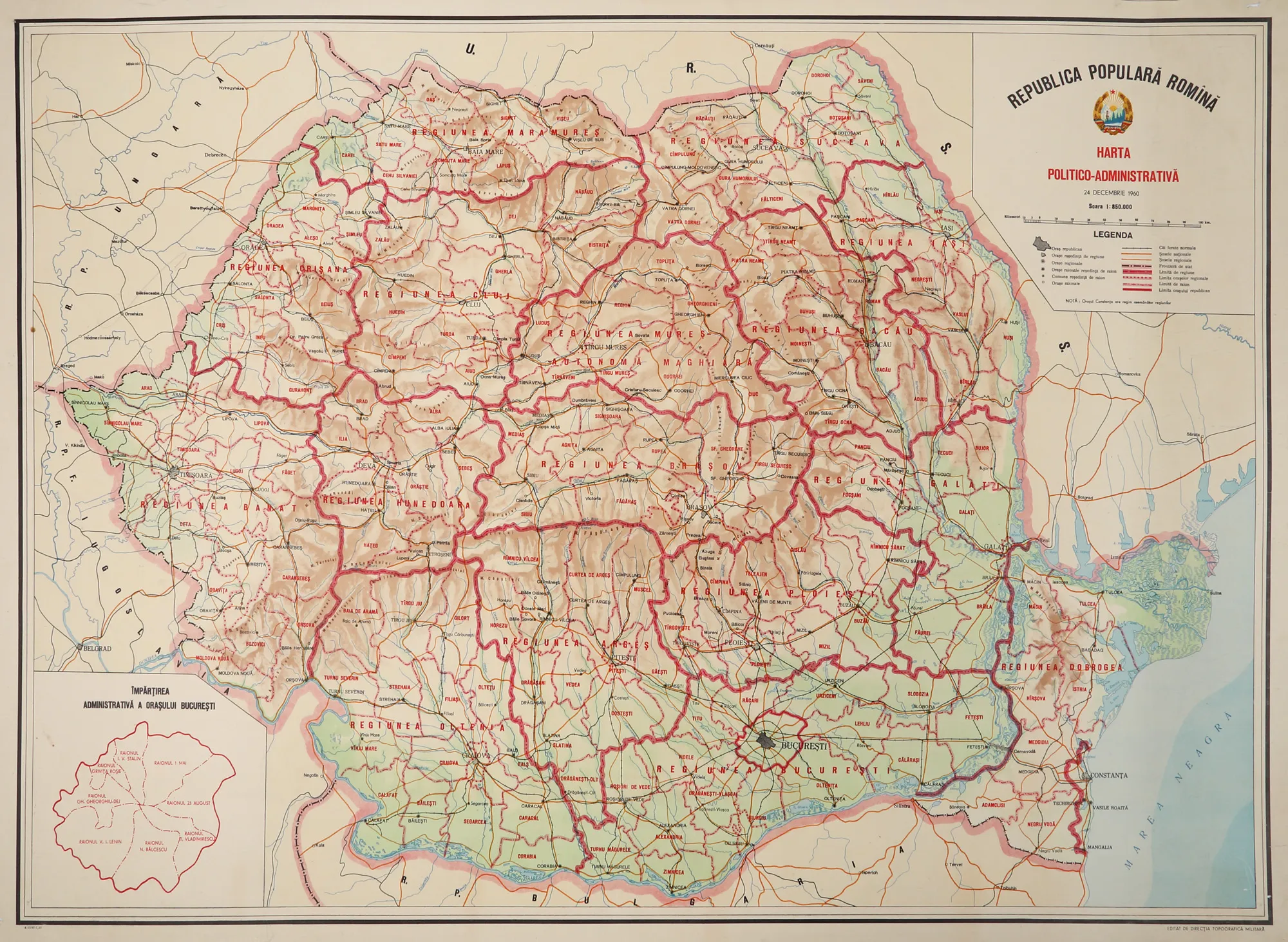 "Political-Administrative Map of the People’s Republic of Romania", edited by the Military Topographic Directorate, 1960