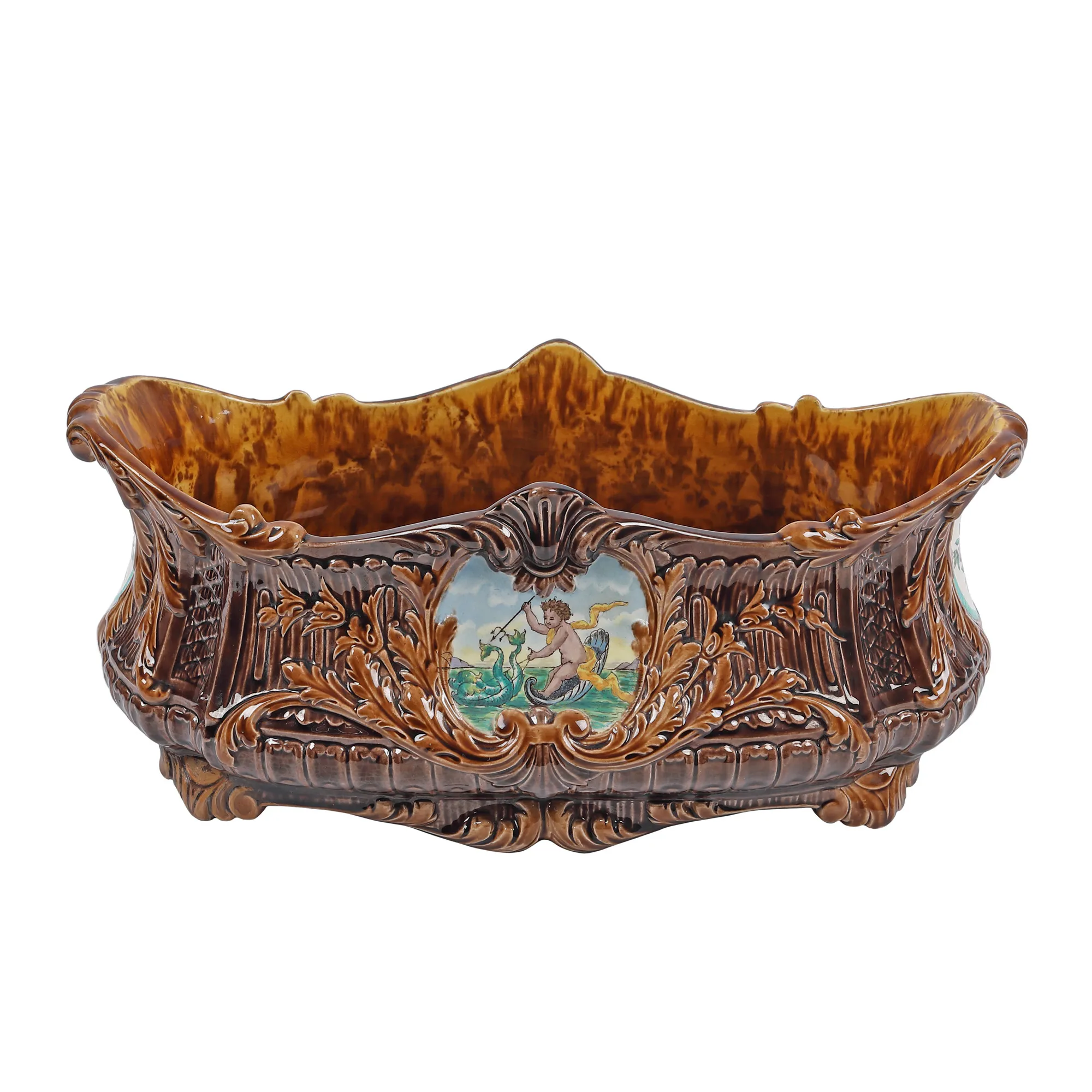 Jardinieră Sarreguemines din majolica, decorată cu scenă mitologică cu Neptun, cca. 1875-1900