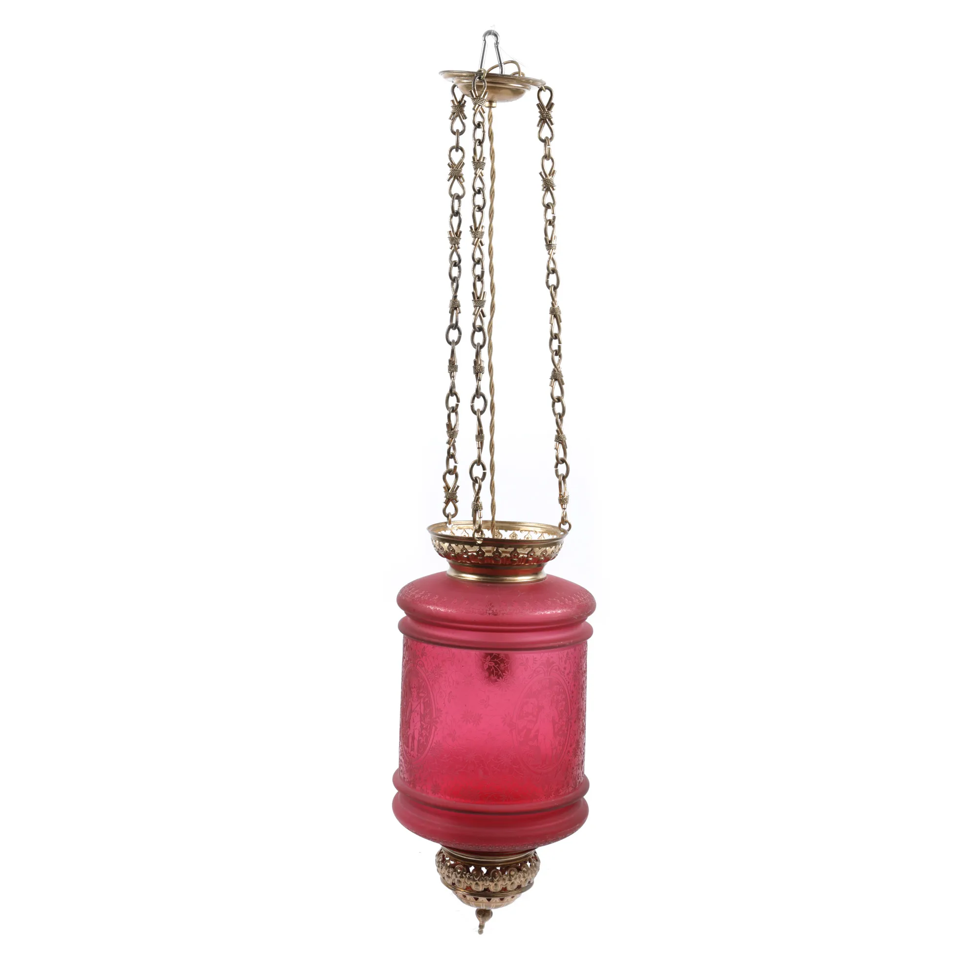 Lampadar în still Neobizantin din sticlă opalină roz și alamă, decorat cu figurile unor copii care gradinăresc, prima jumătate a sec. XX